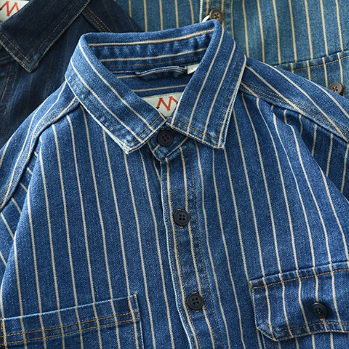 The Oakcrest Men’s Vintage Washed Vertical Stripe Denim Shirt Jacket – Light Blue