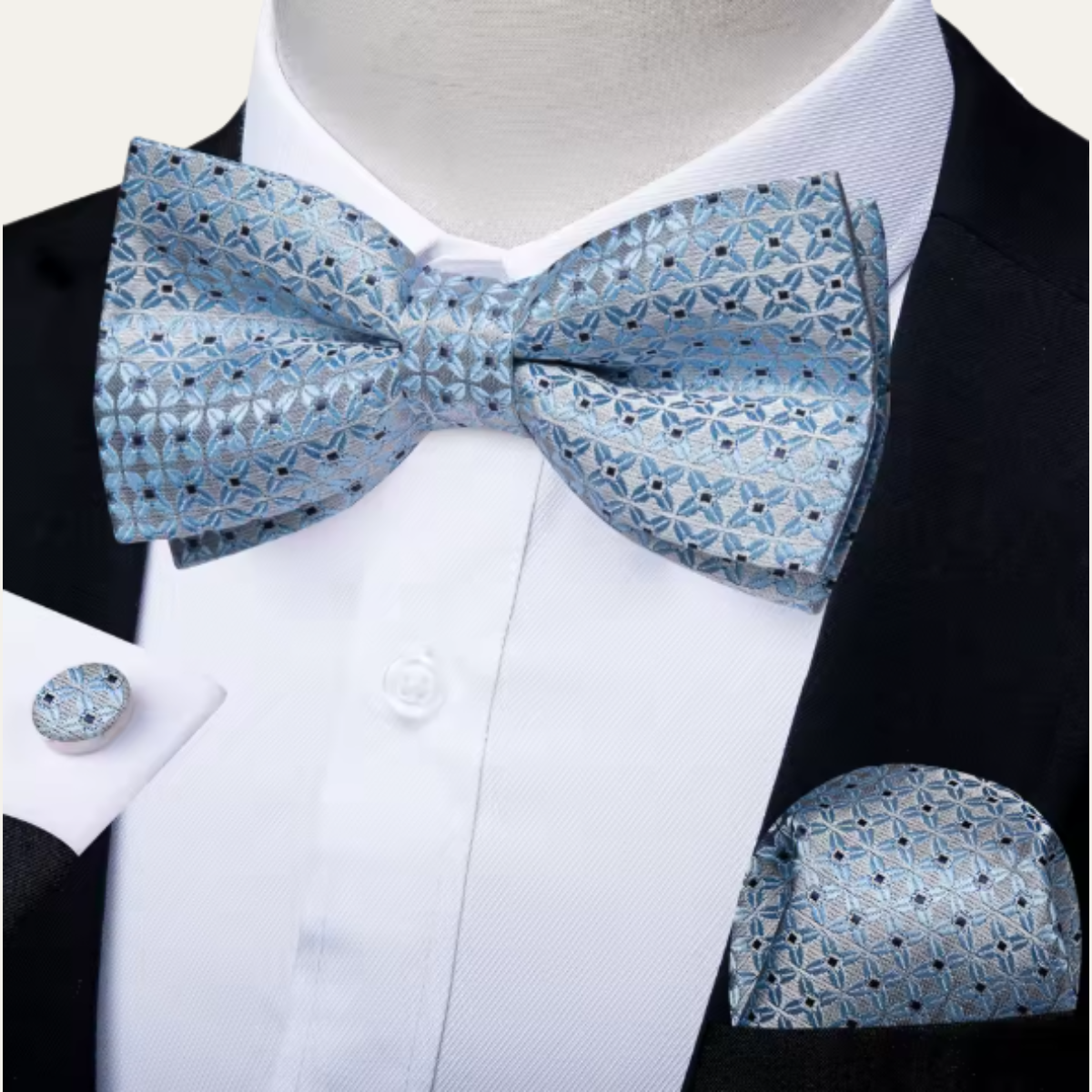 The Ashbury Men’s Bow Tie with Pocket Square & Cufflinks Set – Light Blue
