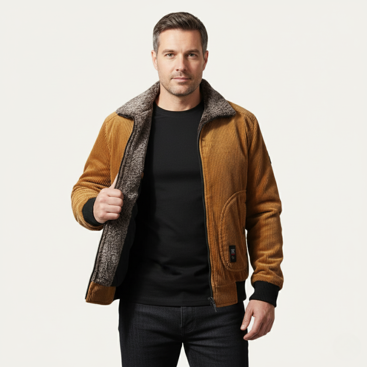 The Alassio Men’s Corduroy Jacket – Fleece Lined Winter Zip Up Coat with Fur Collar