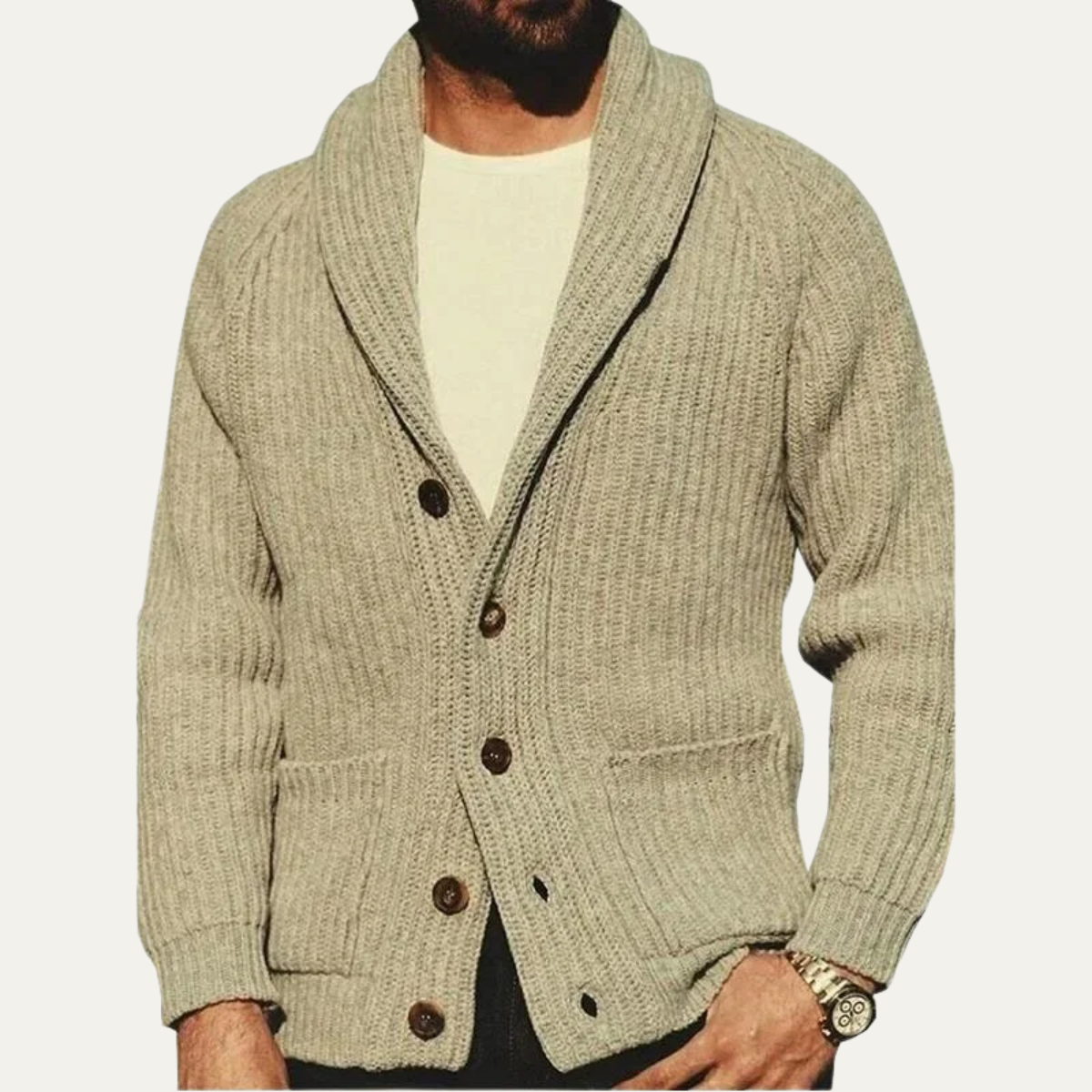 The Timberwood Men's Button Up Khaki Knit Shawl Collar Cardigan