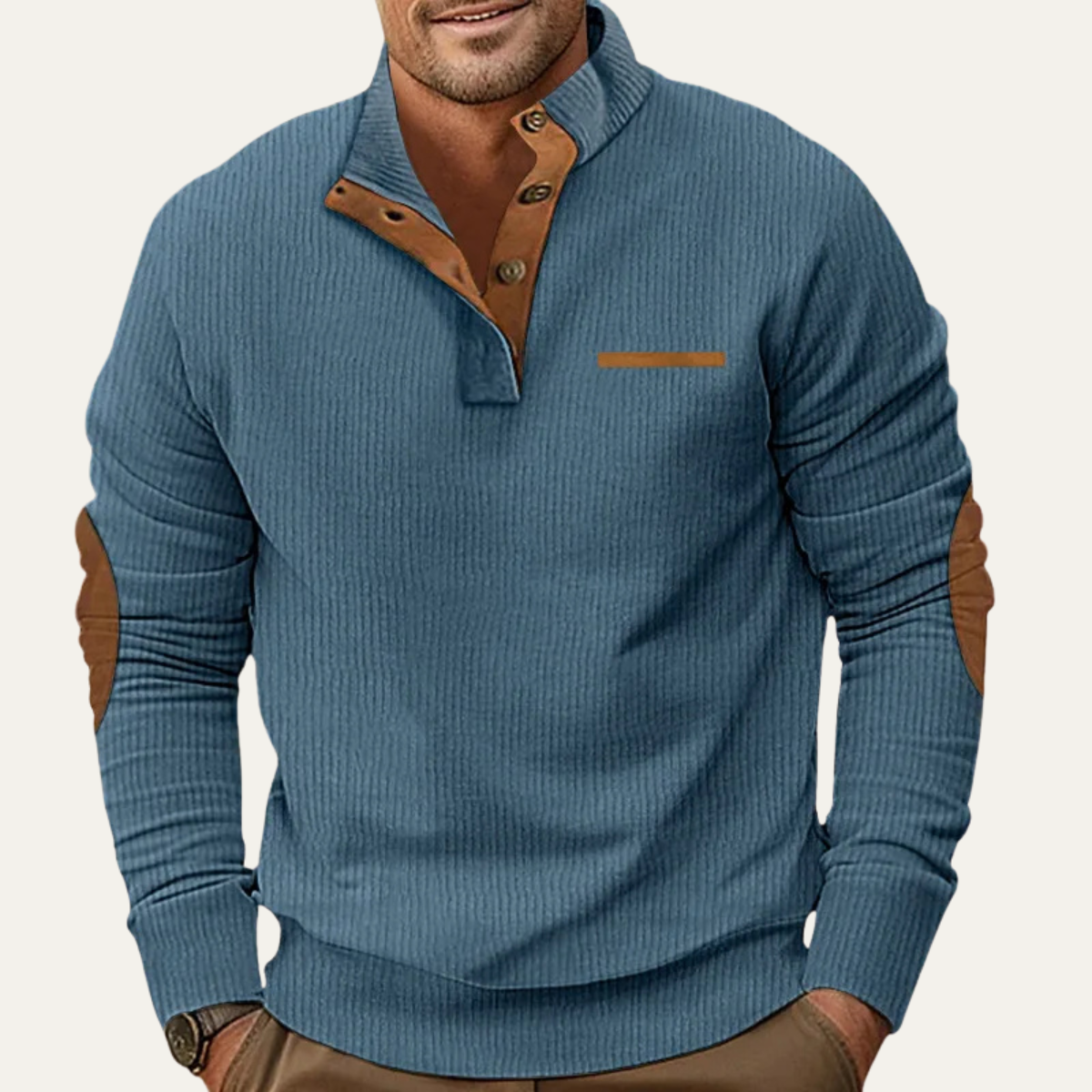 The Timberhill Men’s Retro Corduroy Button Neck Sweater with Patch Details