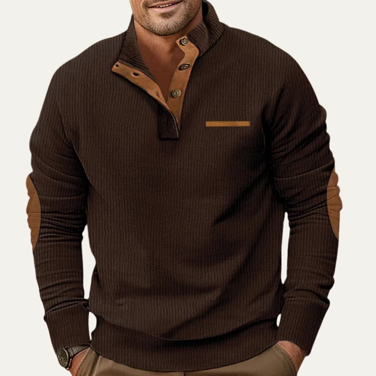 The Glencrest Men’s Vintage Corduroy Button Neck Sweater with Patch Details