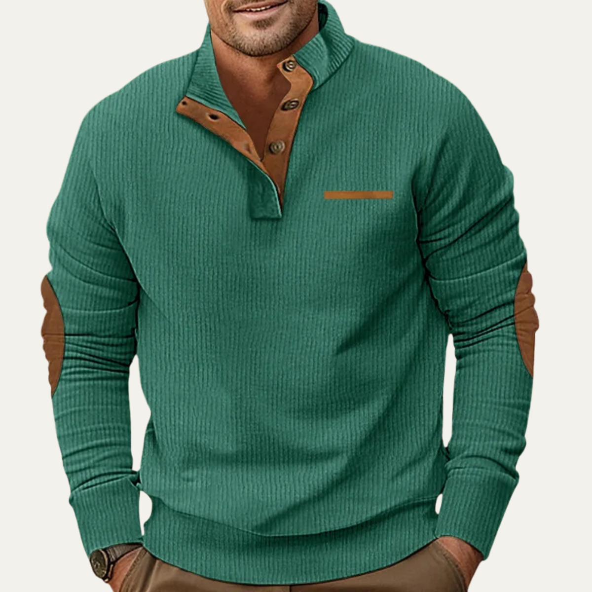 The Glencrest Men’s Vintage Corduroy Button Neck Sweater with Patch Details