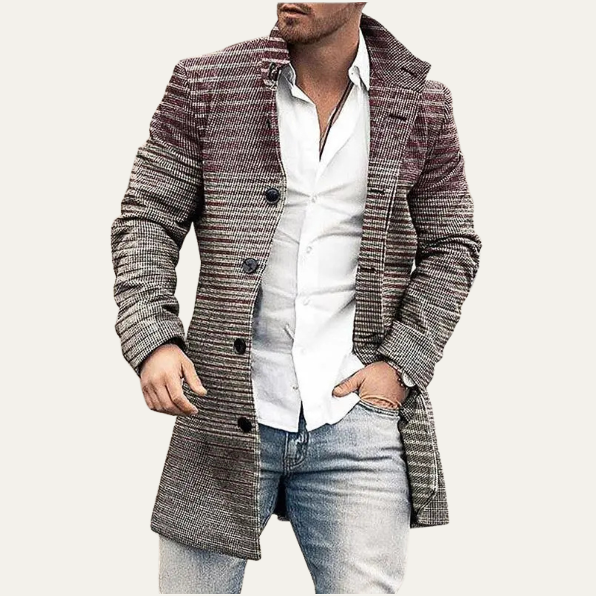 The Glenhaven Men's Colourful Patchwork Geometric Long Jacket with Pockets