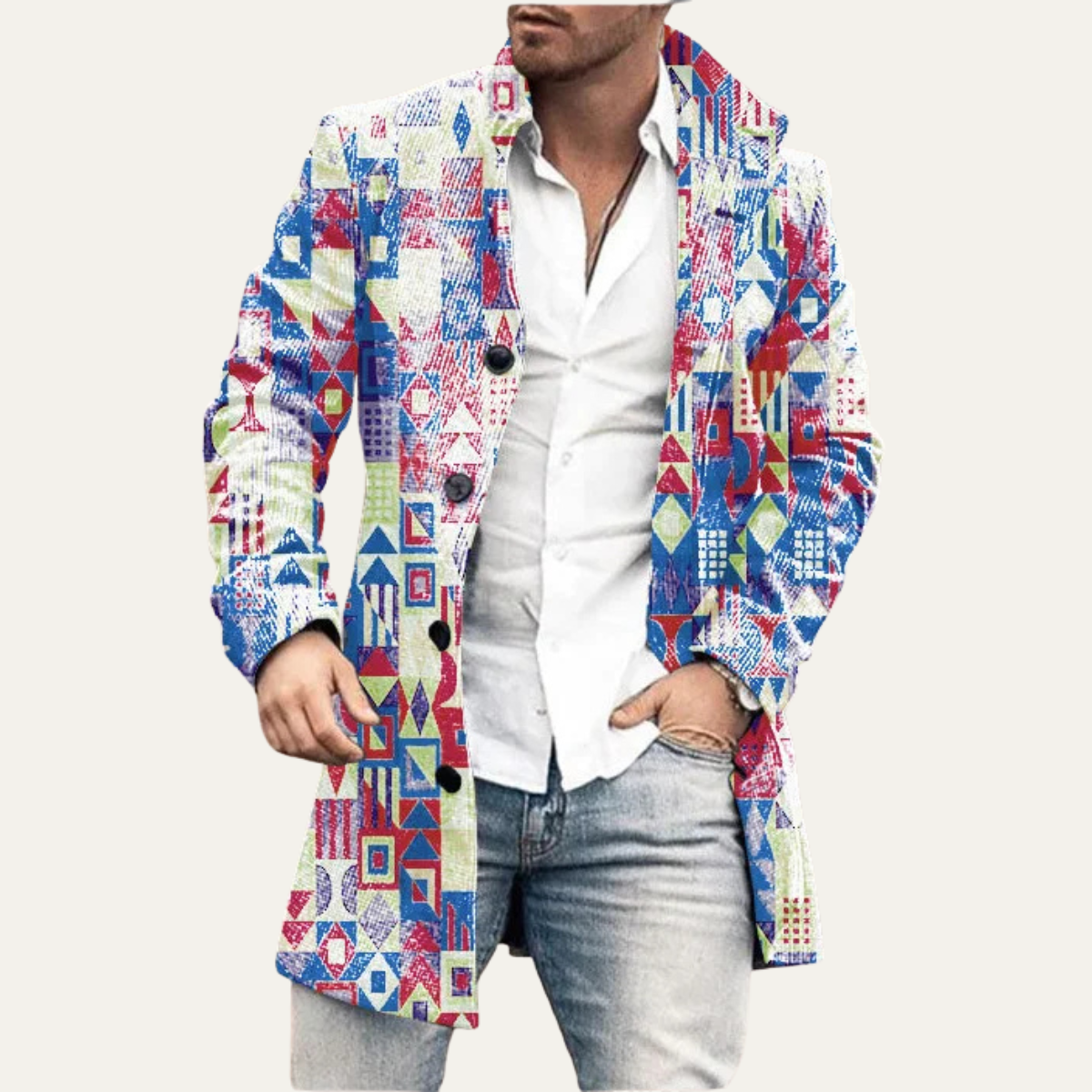 The Glenhaven Men's Colourful Patchwork Geometric Long Jacket with Pockets