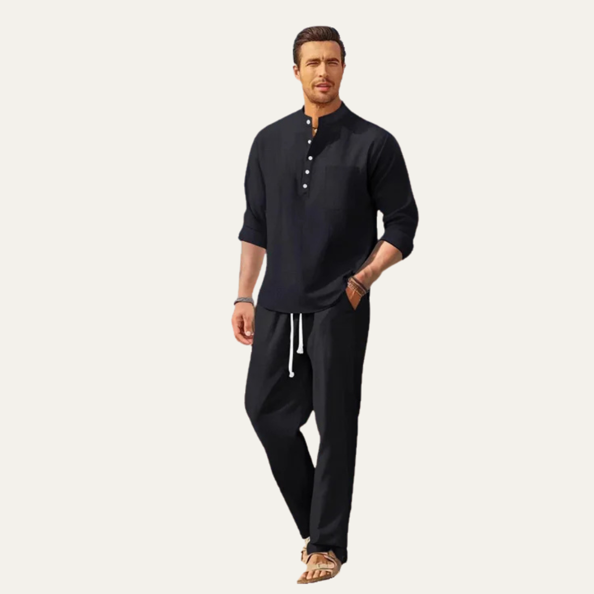 The Versailles Men’s Casual Long Sleeve Shirt & Relaxed Trousers – Lightweight Beach Outfit