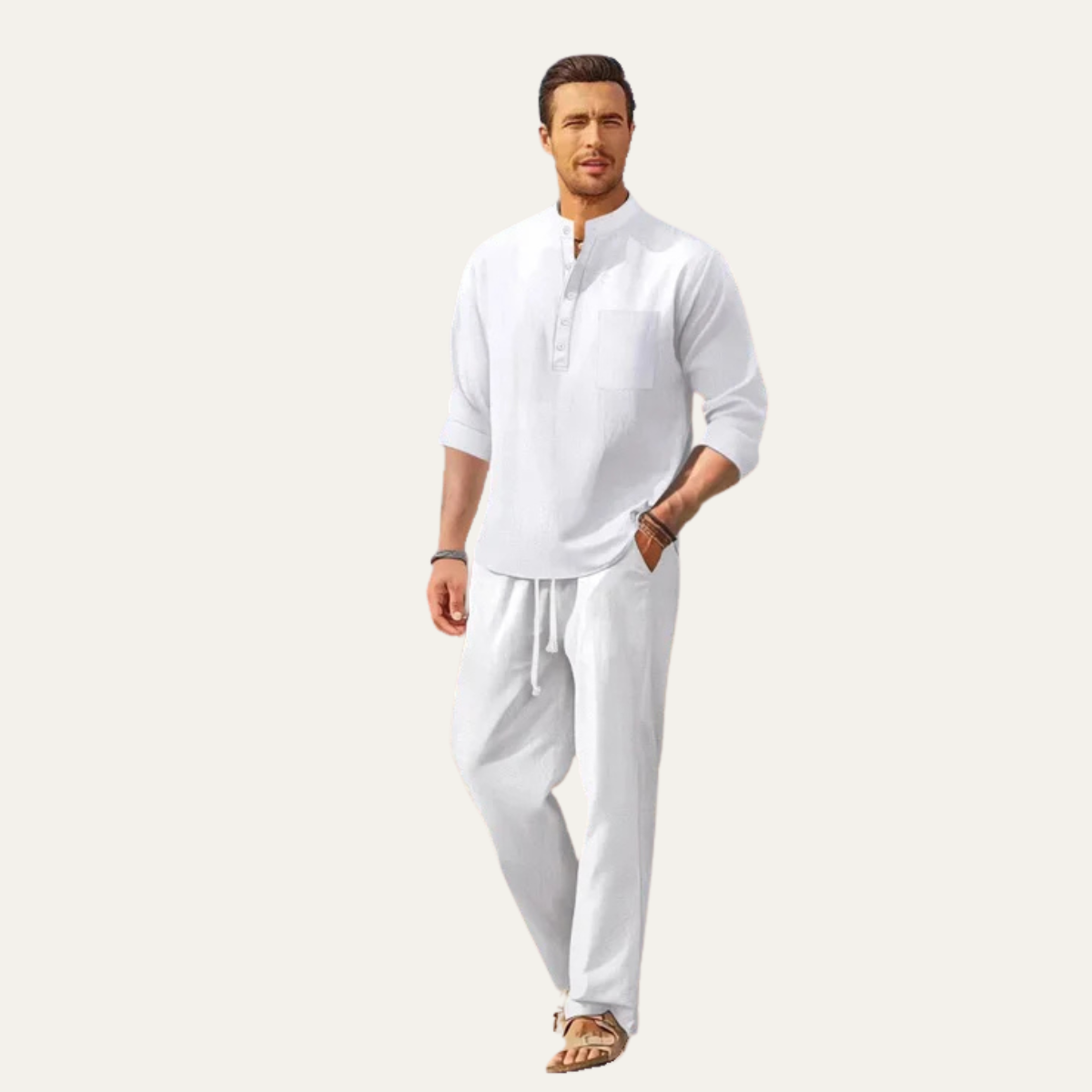 The Versailles Men’s Casual Long Sleeve Shirt & Relaxed Trousers – Lightweight Beach Outfit