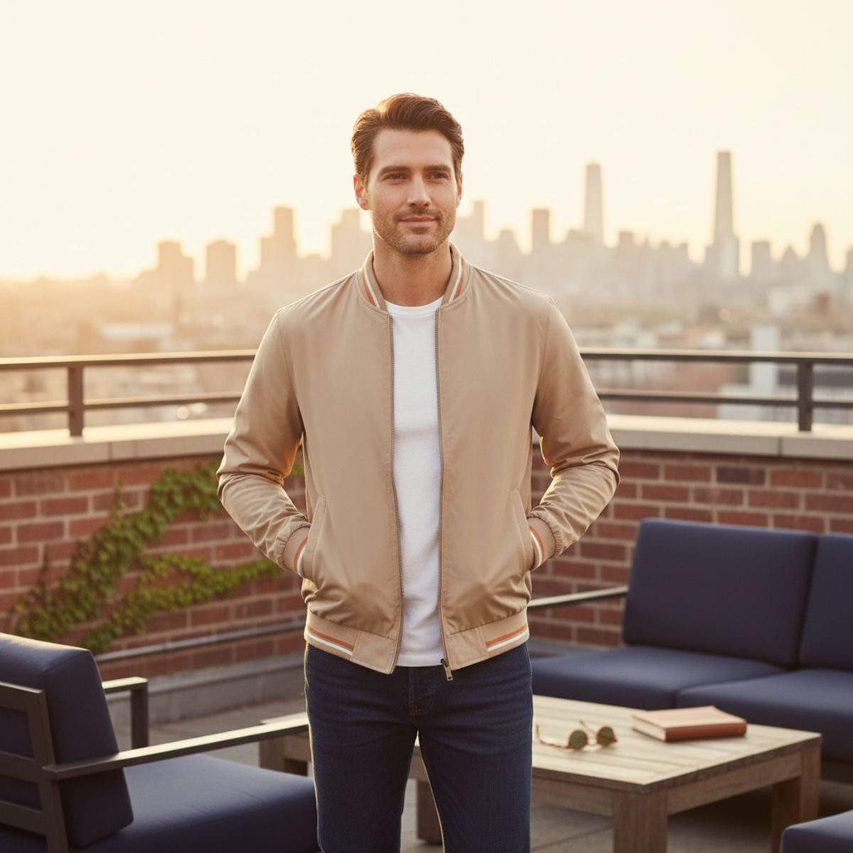 Men's Lightweight Bomber Jacket Sage Green Zip Up