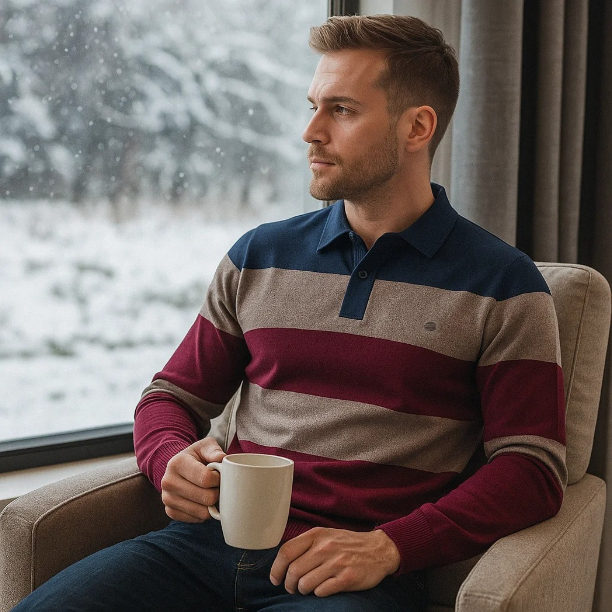 The Latina Men’s Cotton Button Up Striped Knit Polo Sweater