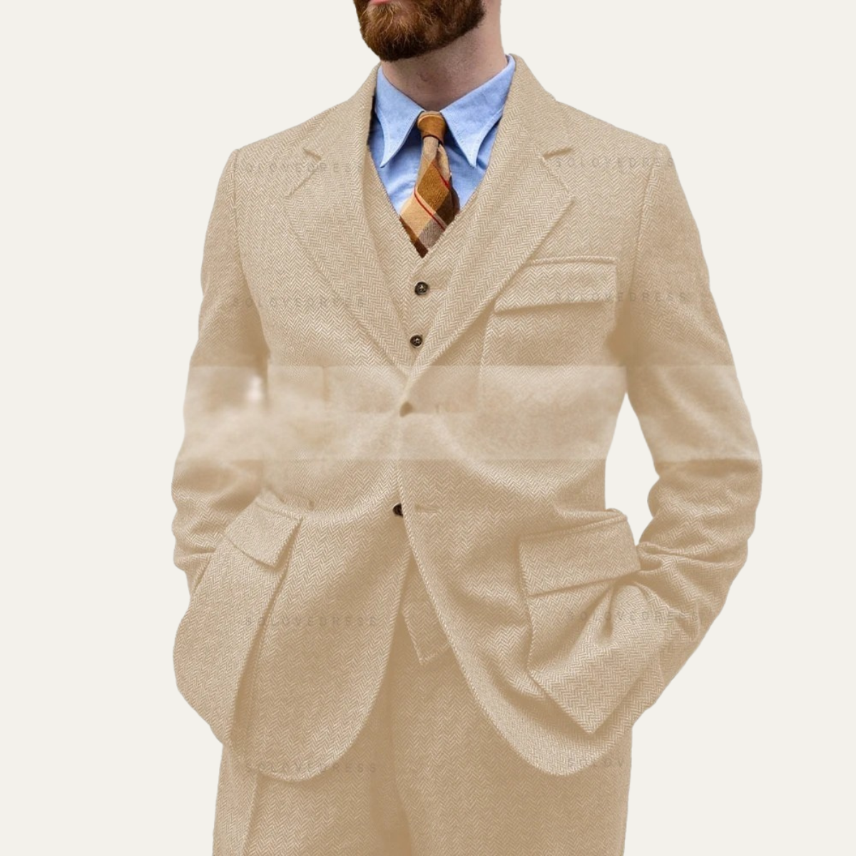 The Como Men’s Smart 3 Piece Tweed Suit – Herringbone Blazer, Waistcoat & Trousers