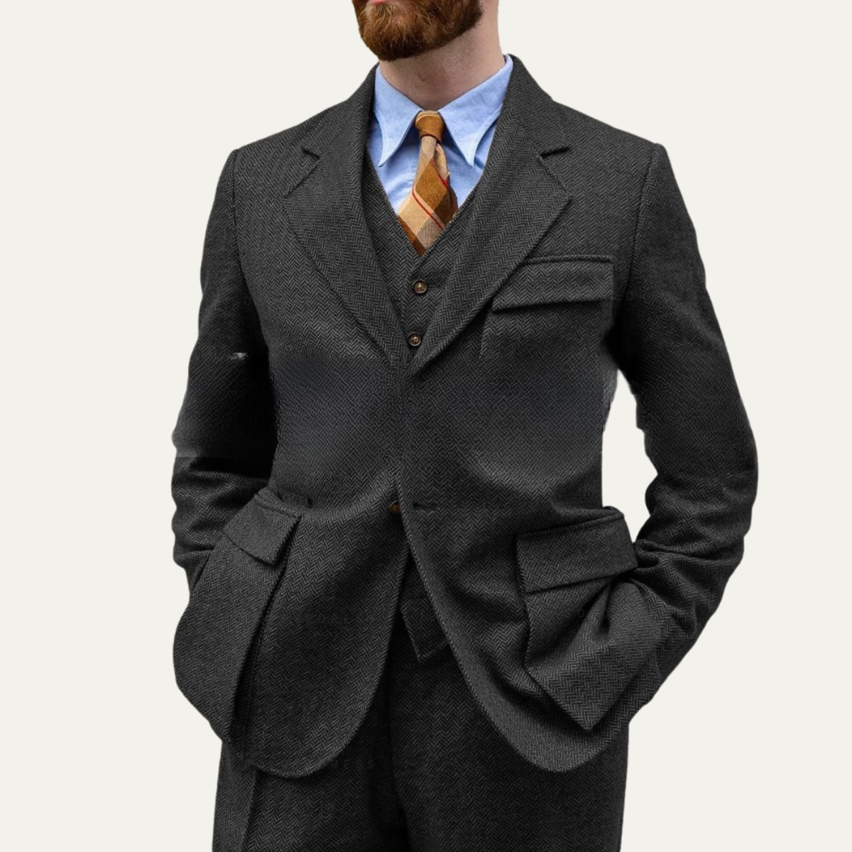 The Portofino Men’s Elegant 3 Piece Tweed Suit – Herringbone Blazer, Waistcoat & Trousers