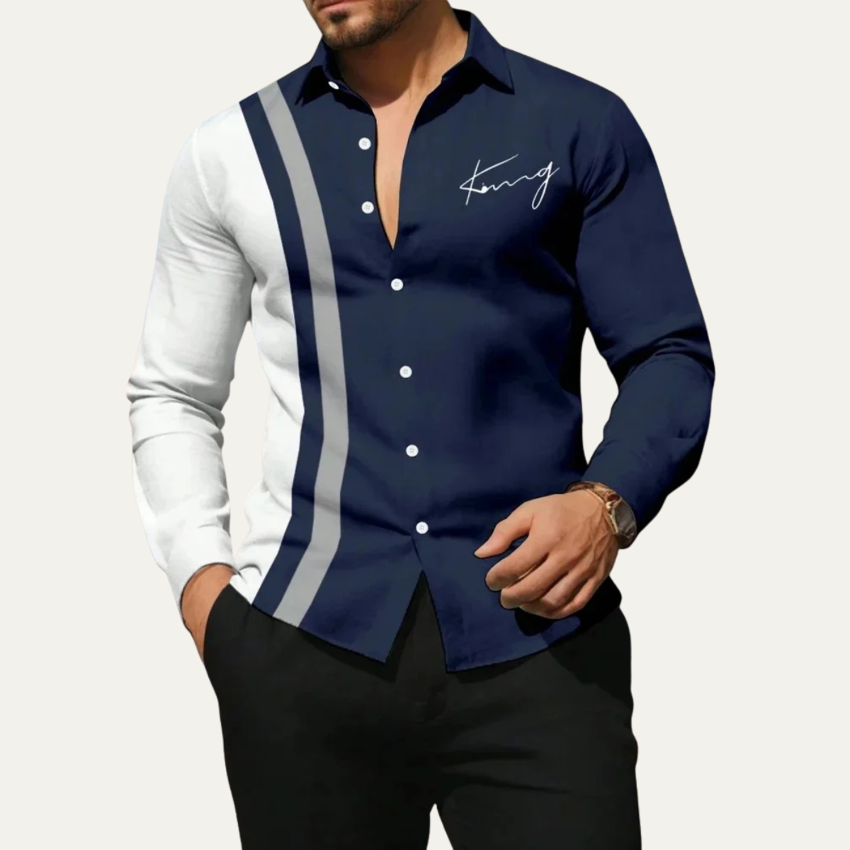 The Manarola Men’s Casual Color Block Striped Dress Shirt