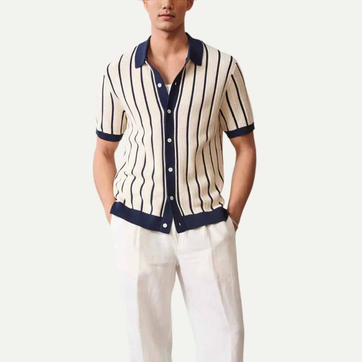 The Sassicaia Men’s Striped Knit Button Up Cardigan Polo Shirt