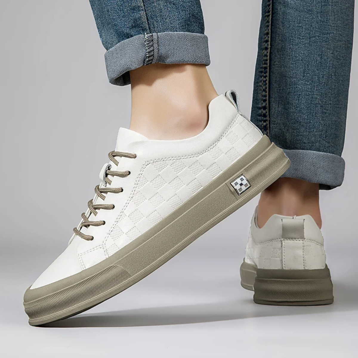 The Seville Men’s Checkerboard Low Top Sneakers with Beige Sole