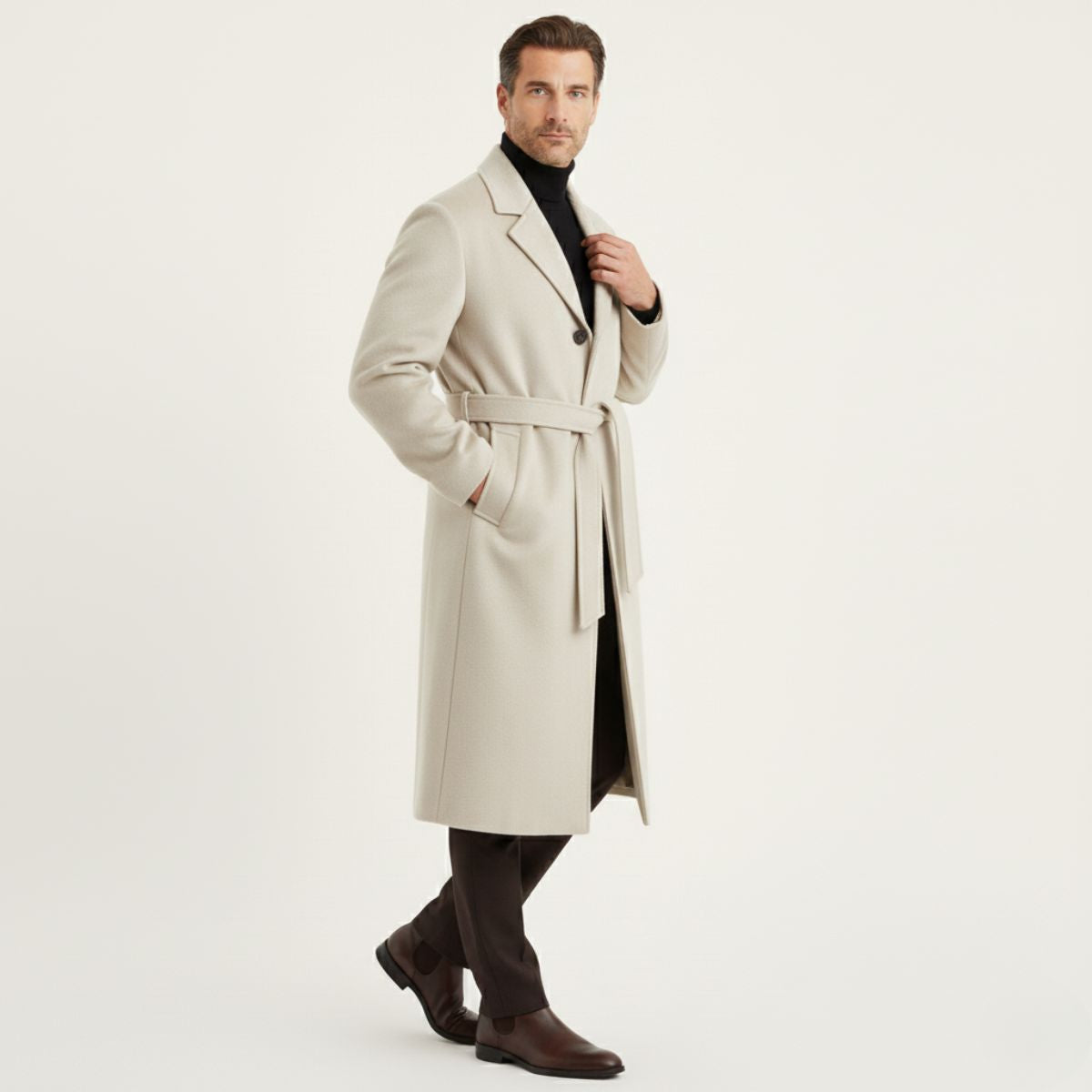 The Whitechapel Men's Elegant Camel Wrap Wool Coat with Belt