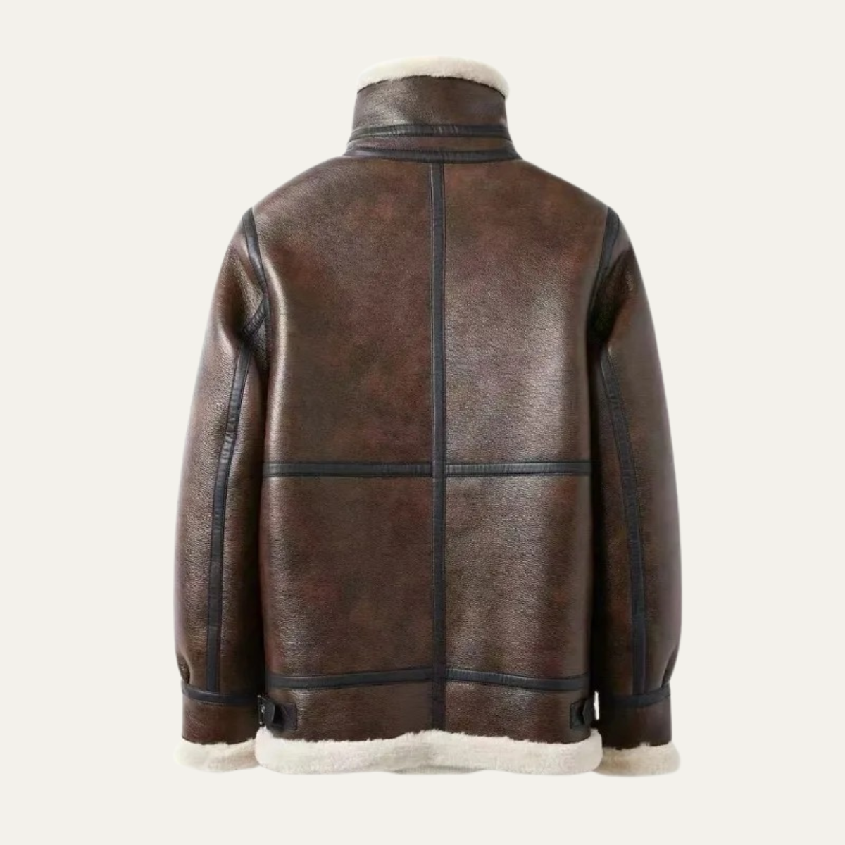 Men's Sherpa Lined Leather Jacket Black Cream Collar