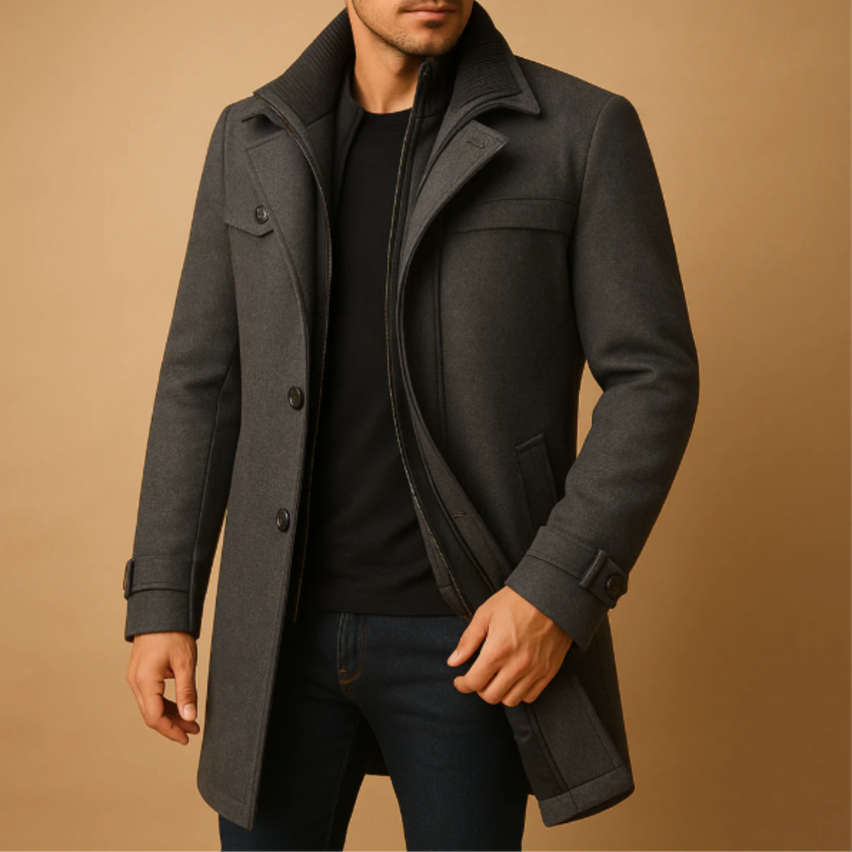 The Windermere Men’s Smart Wool Blend Jacket with Zipper and Button Closure
