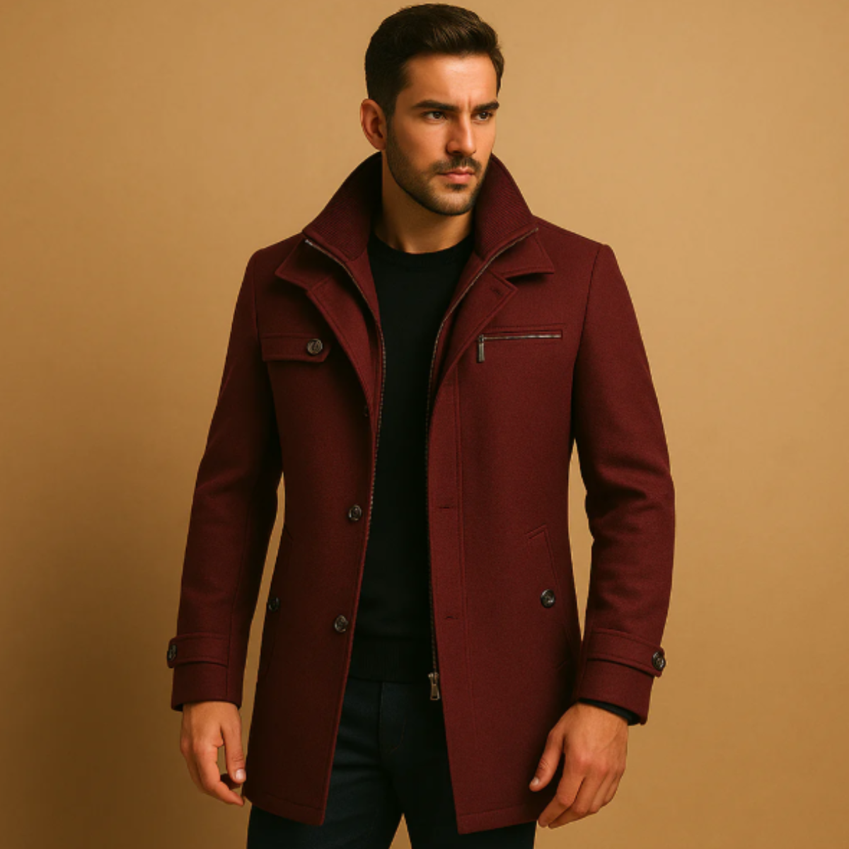 The Windermere Men’s Smart Wool Blend Jacket with Zipper and Button Closure