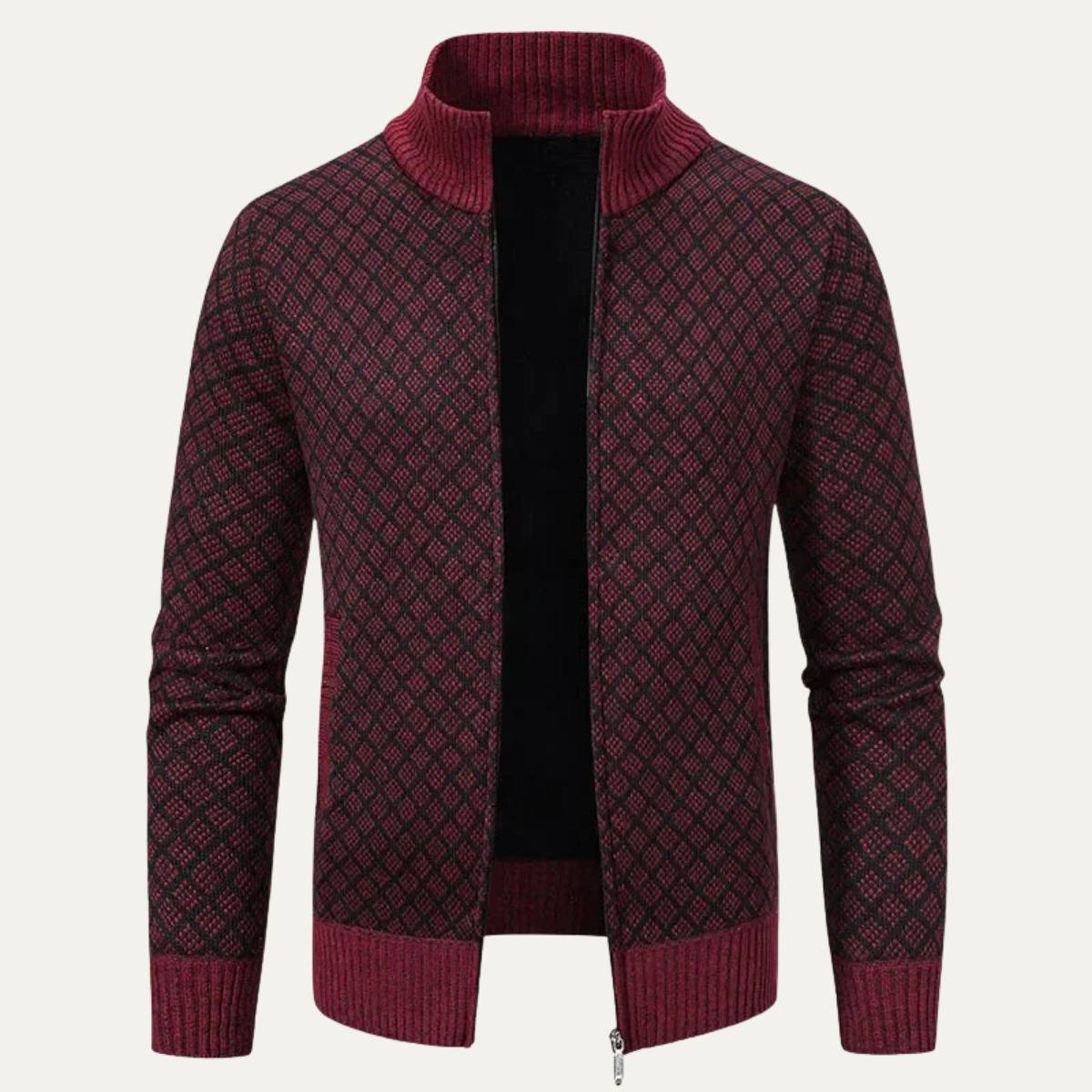 The Modica Men’s Knitted Stand Collar Zip Up Plaid Winter Cardigan