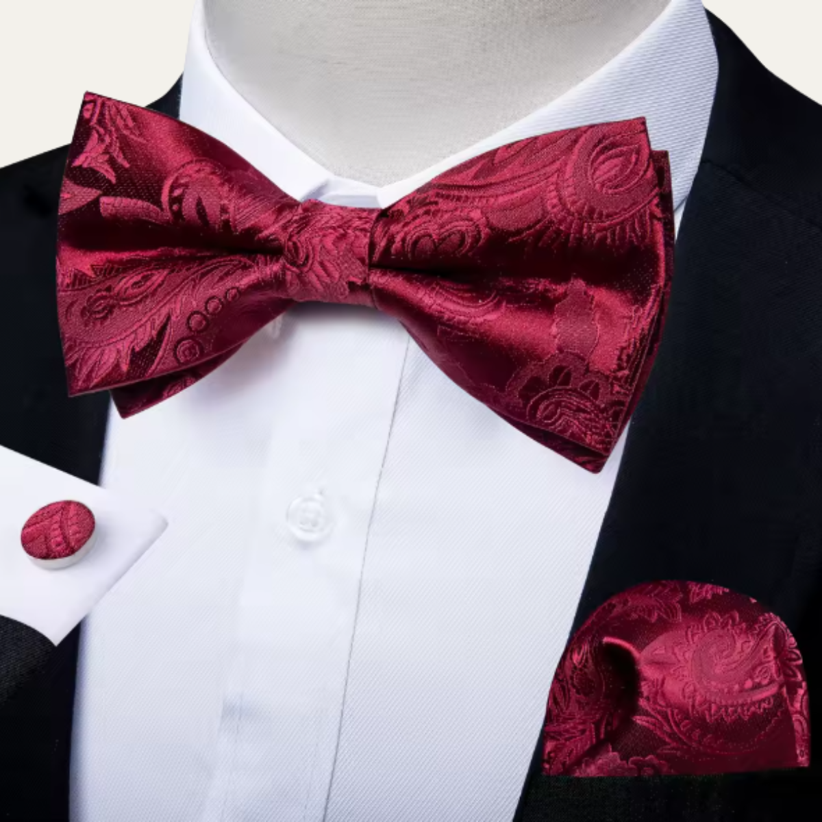 The Ashbury Men’s Bow Tie with Pocket Square & Cufflinks Set – Burgundy Paisley