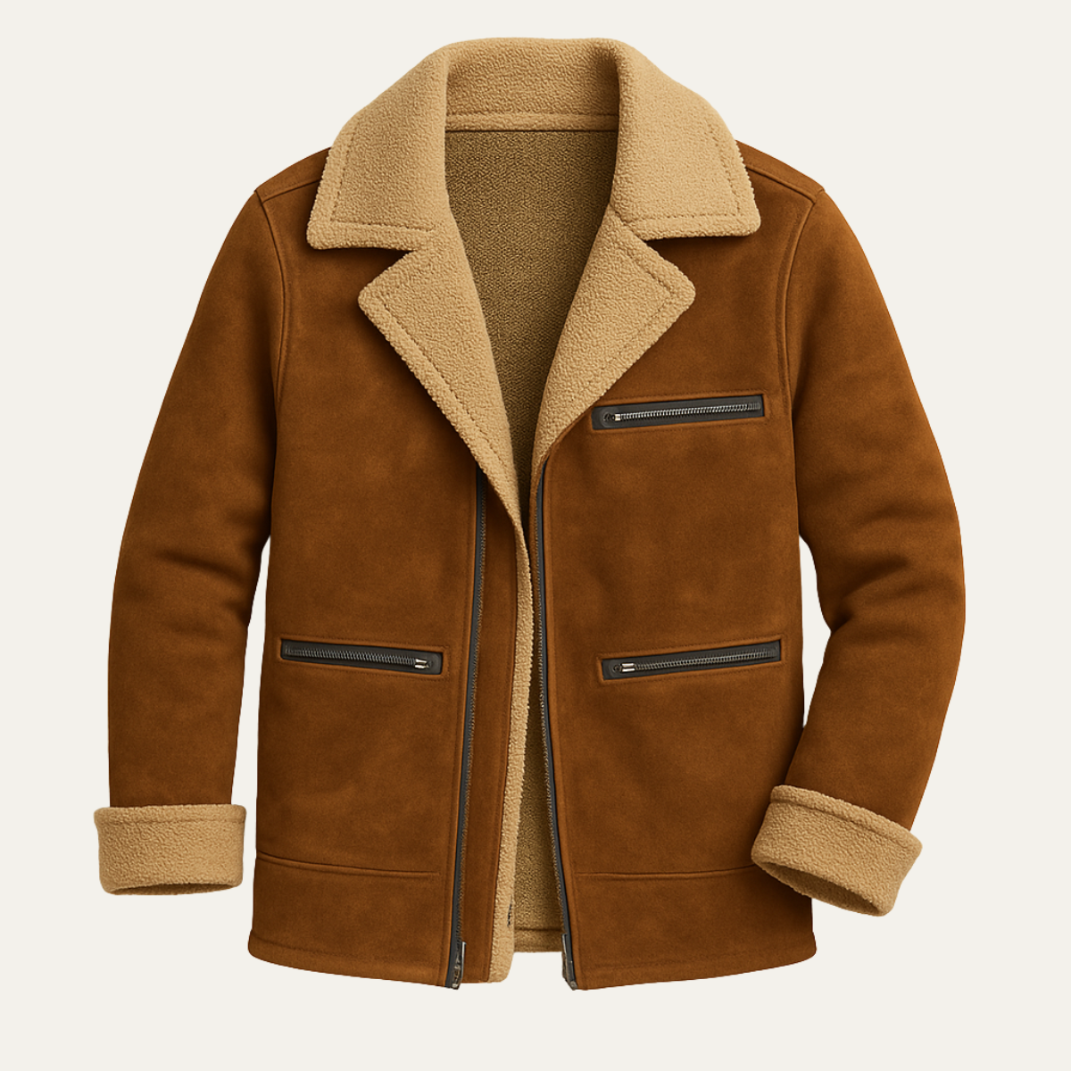 The Minori Men’s Vintage Suede Shearling Jacket with Zipper Pockets