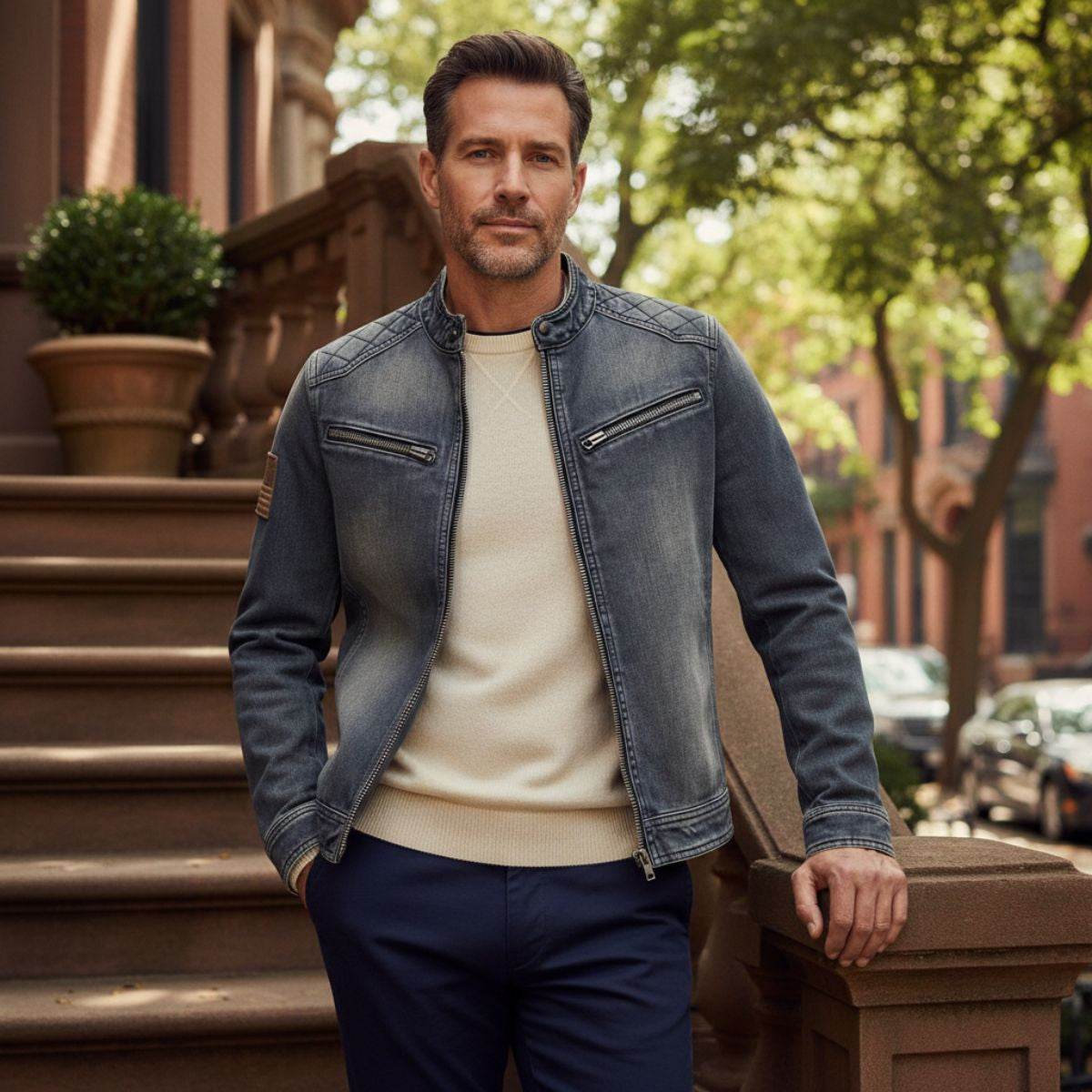 The London Slim Fit Denim Jacket for Men - Zip Collar