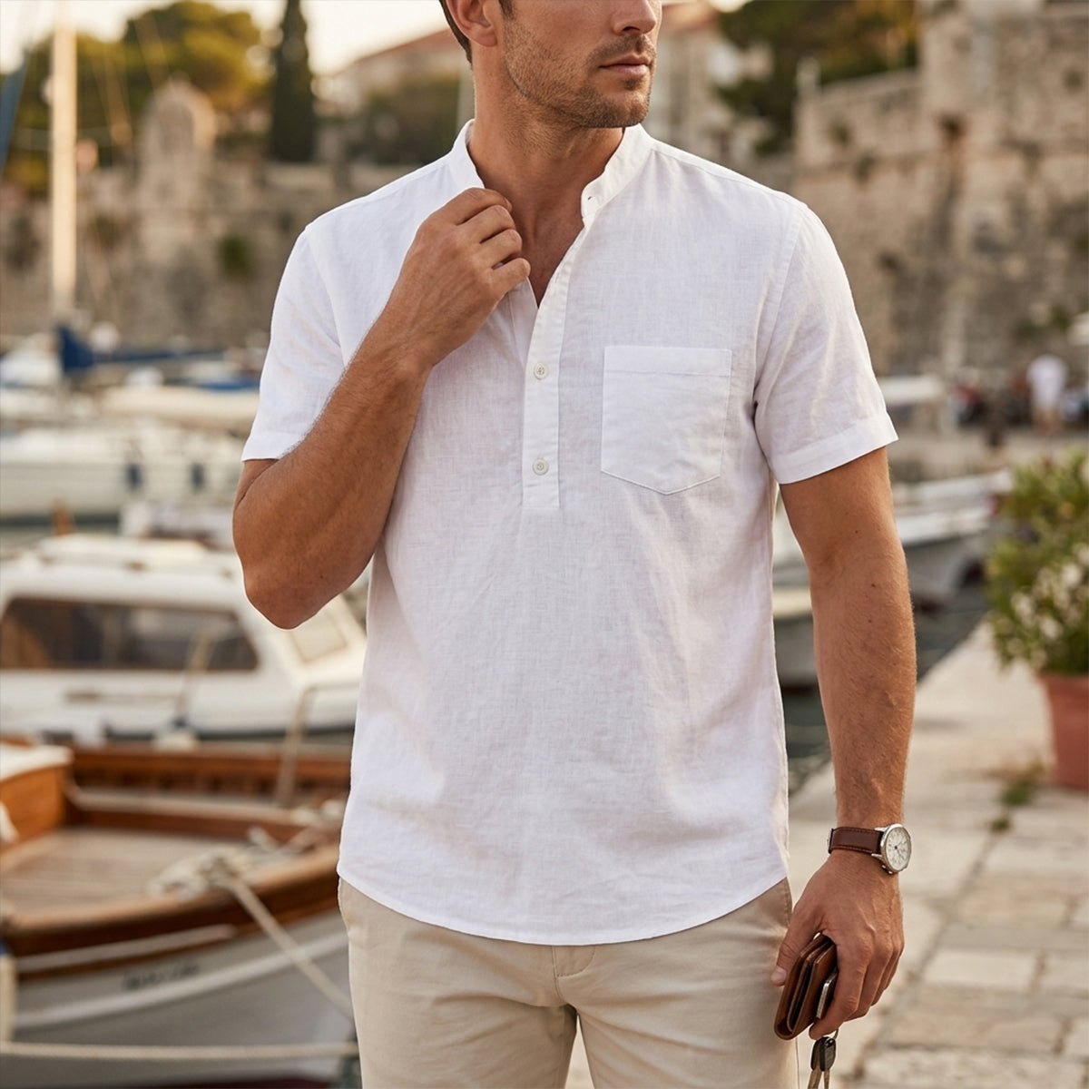 The Assisi Men’s Cotton Stand Collar Henley Shirt