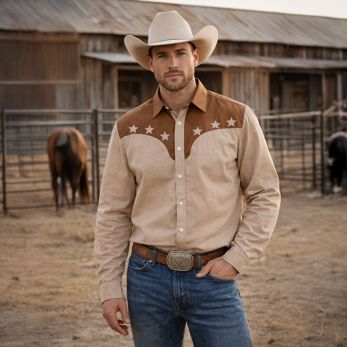 The Linfield Men’s Two Tone Patchwork Western Trendy Denim Shirt