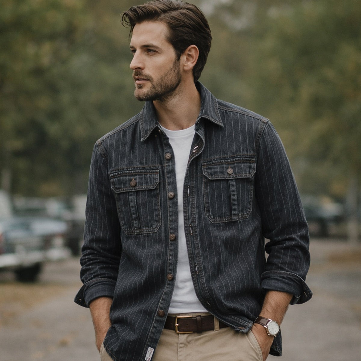 The Ridgecrest Hill Men’s Vintage Striped Denim Shirt Jacket