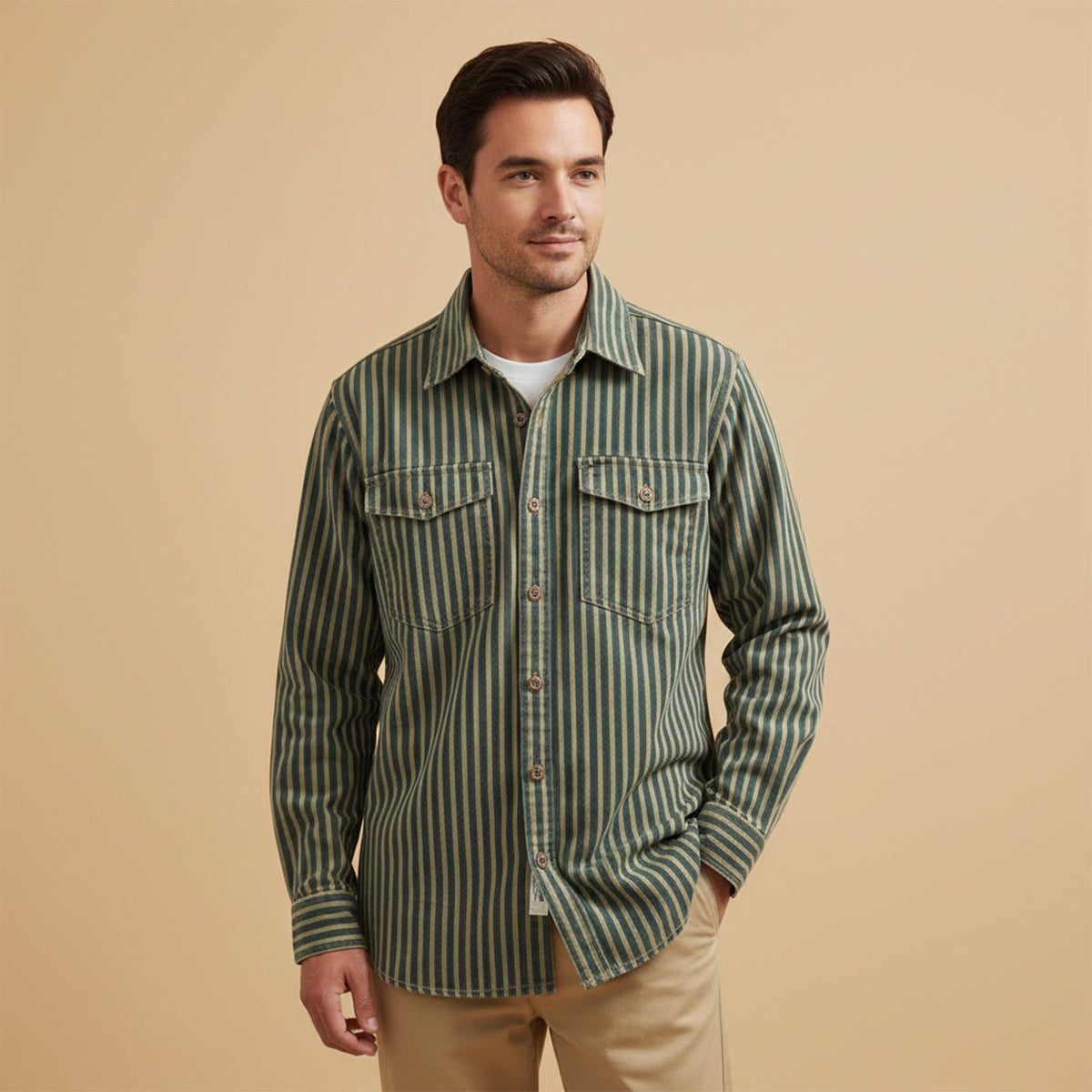 The Willowfall Men’s Nostalgic Casual Vertical Stripe Denim Shirt