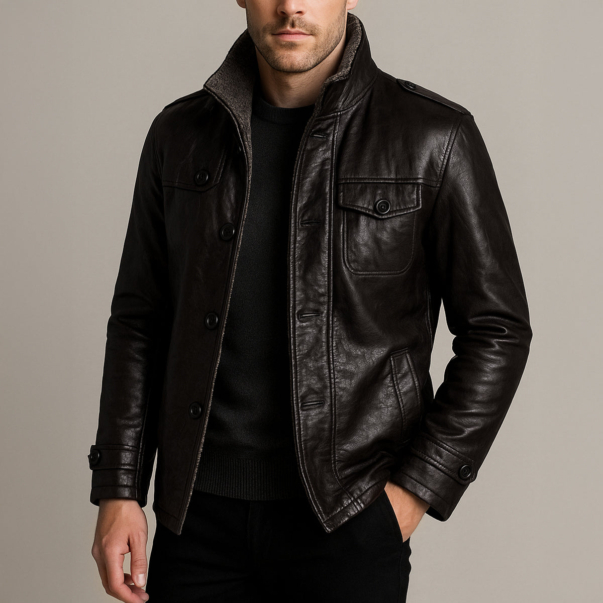 The La Spezia Men’s Leather Jacket – Warm Fleece Lined Winter Coat with Stand Collar