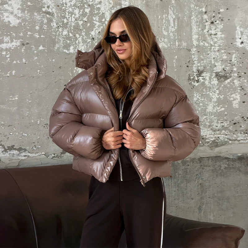 Women's Glossy Cropped Puffer Hooded Jacket