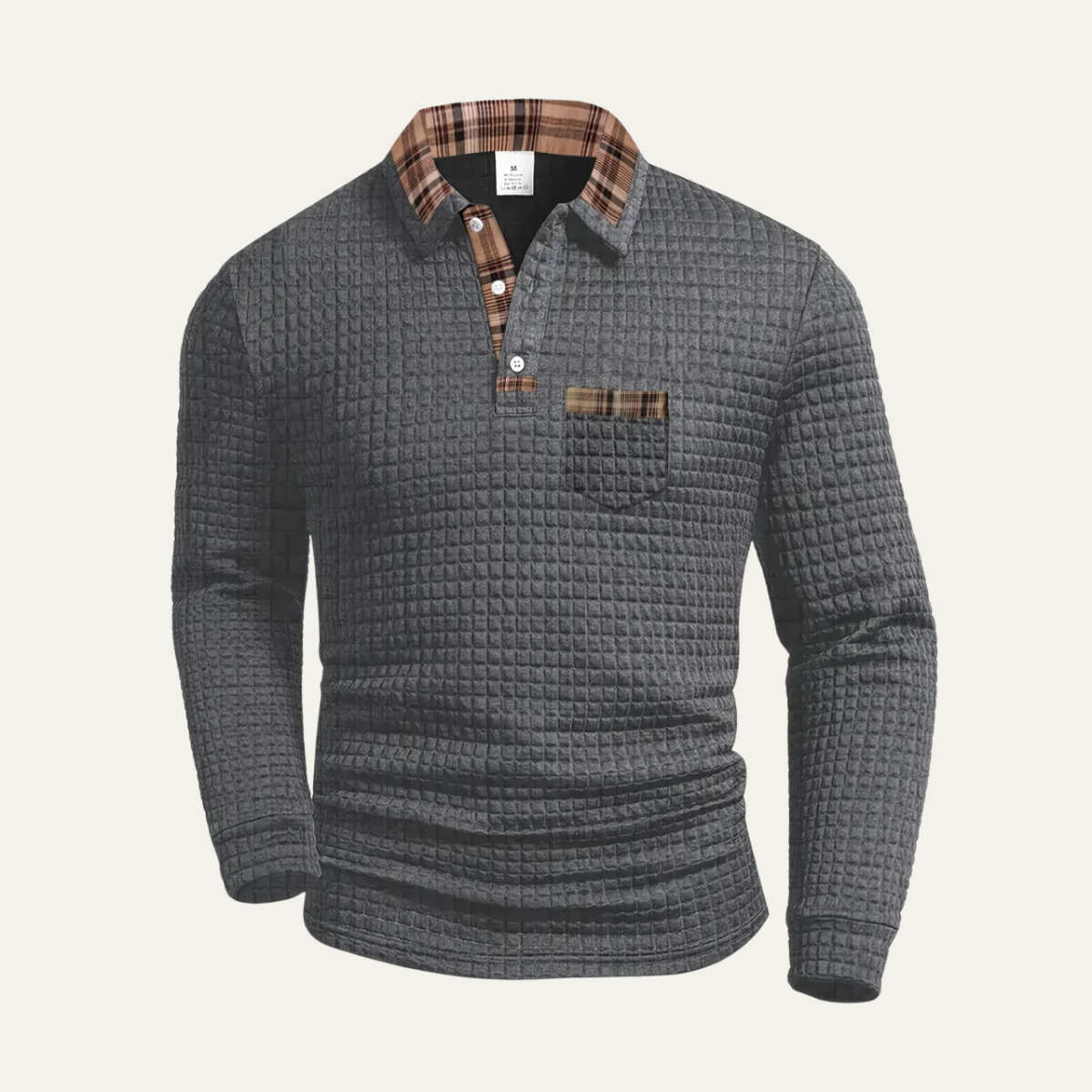 The Bridgecrest Men's Textured Waffle Knit Polo Sweater with Plaid Trim