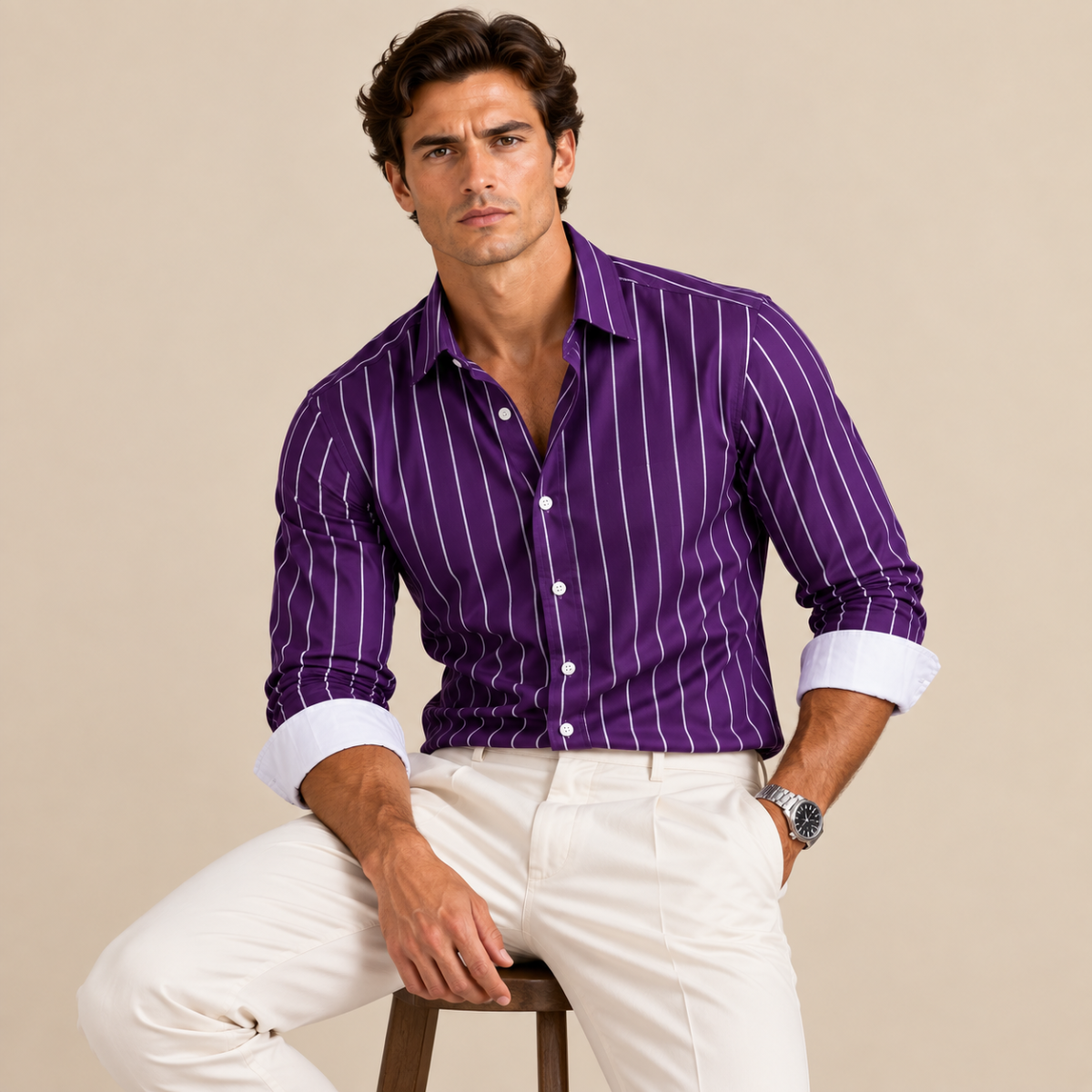 The Bolzano Men’s Trendy Button Down Striped Dress Shirt