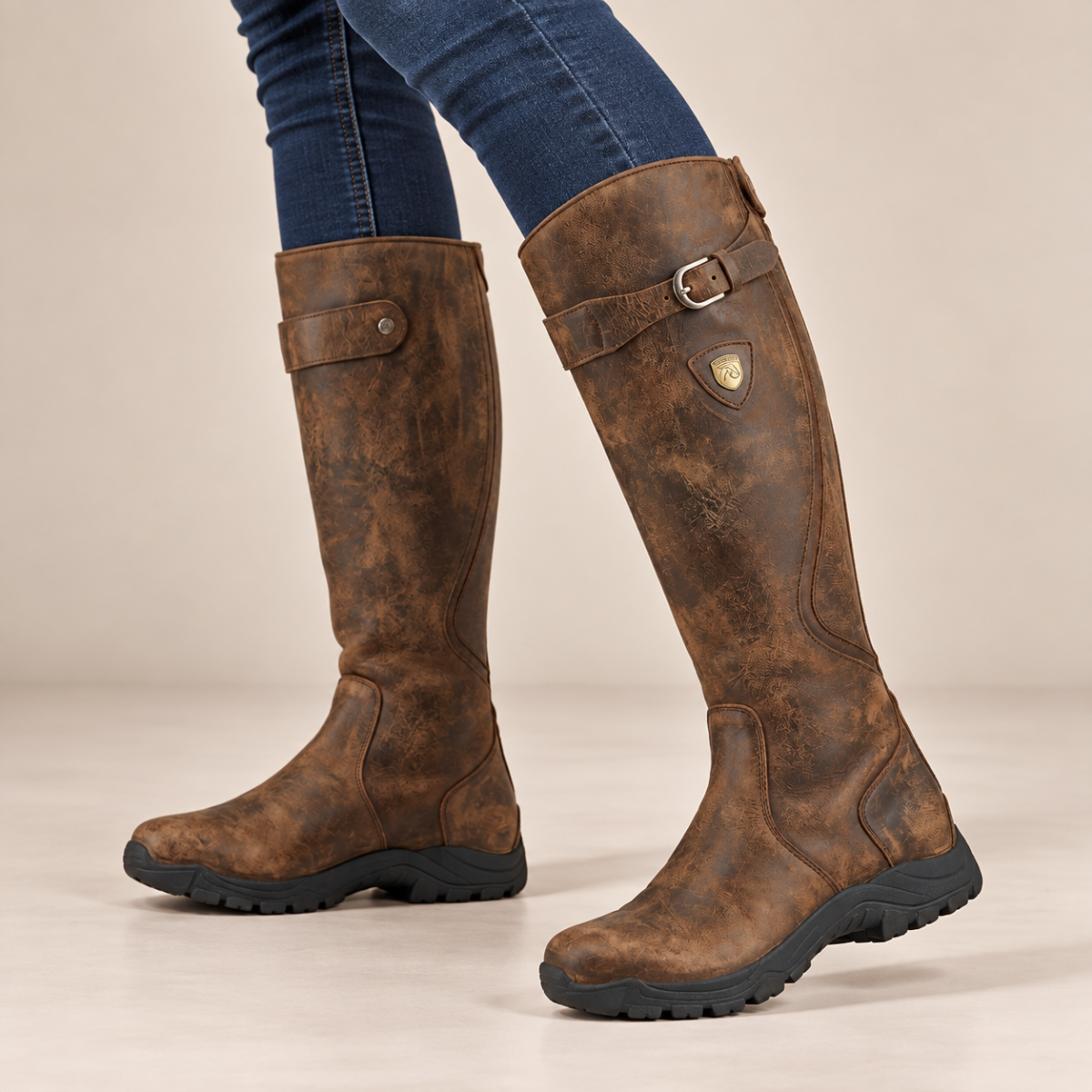 Women’s Knee High Riding Boots – Buckle Low Heel Boots
