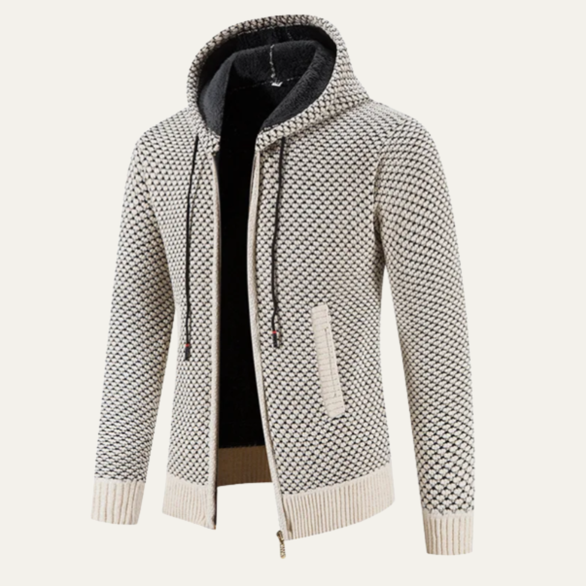 Men's Textured Zip Up Hoodie Sweater Cream Fleece Lined