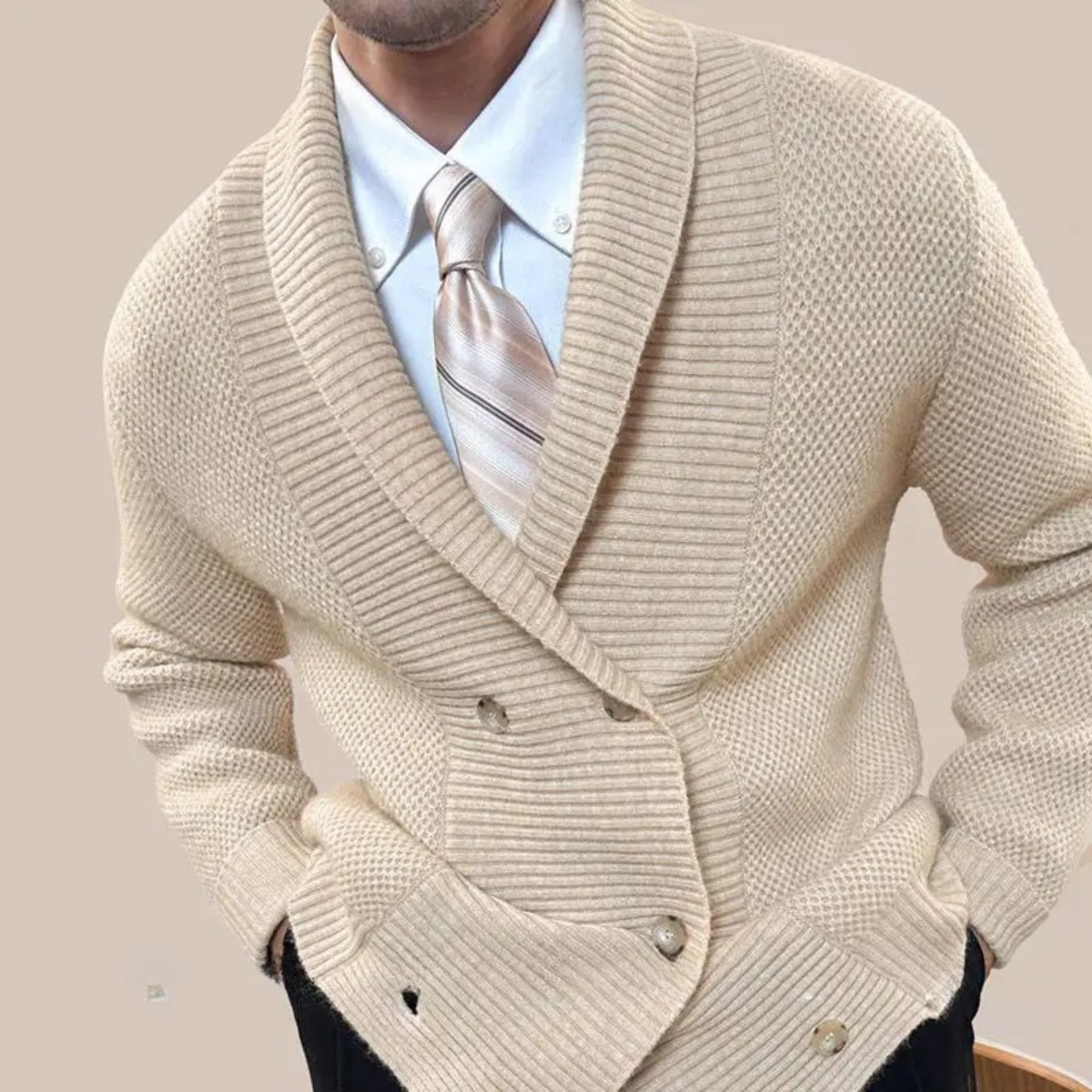The Woodhurst Men's Chunky Knit Shawl Collar Double Breasted Cardigan