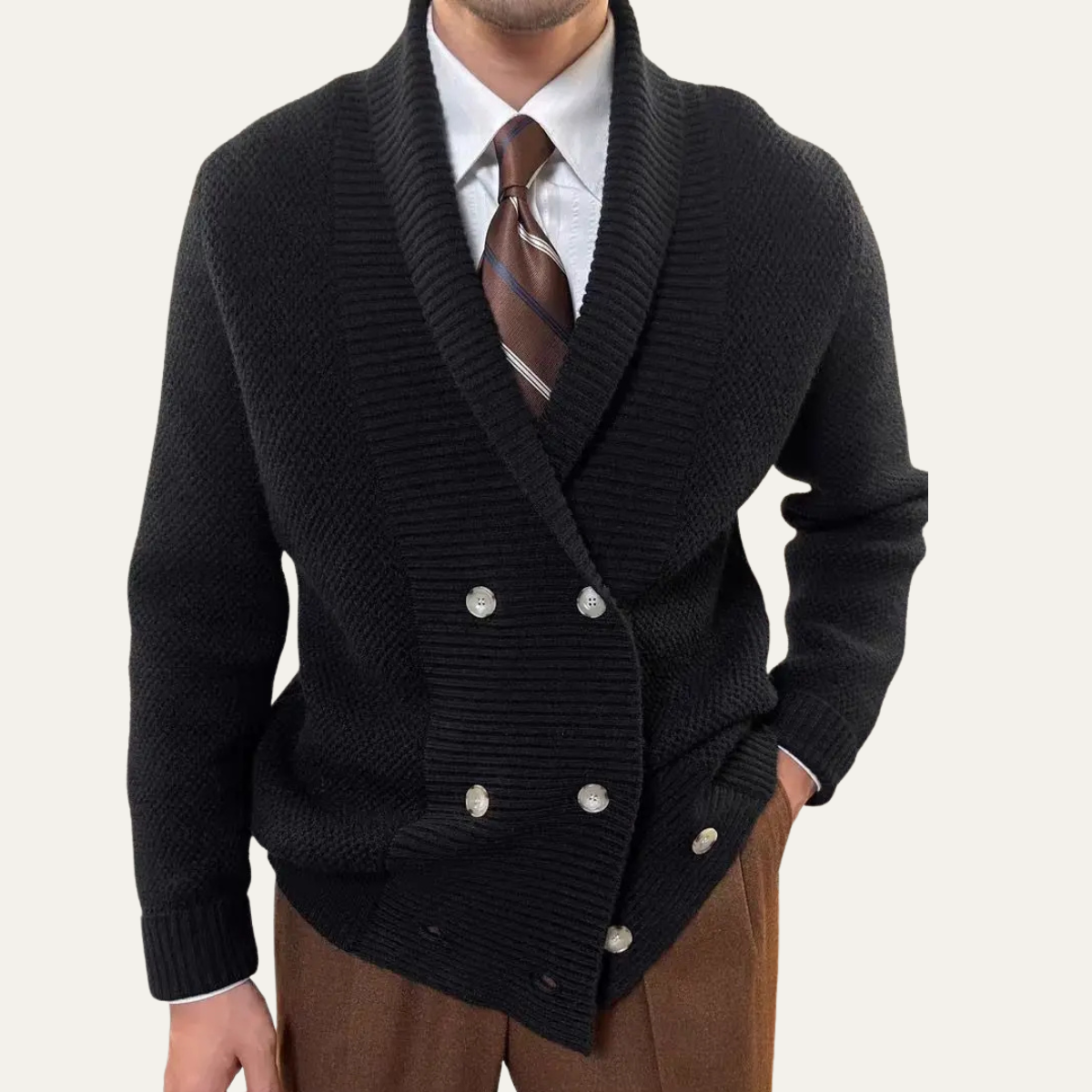 The Woodhurst Men's Chunky Knit Shawl Collar Double Breasted Cardigan
