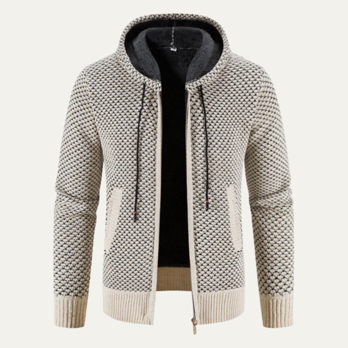 Men's Textured Zip Up Hoodie Sweater Cream Fleece Lined