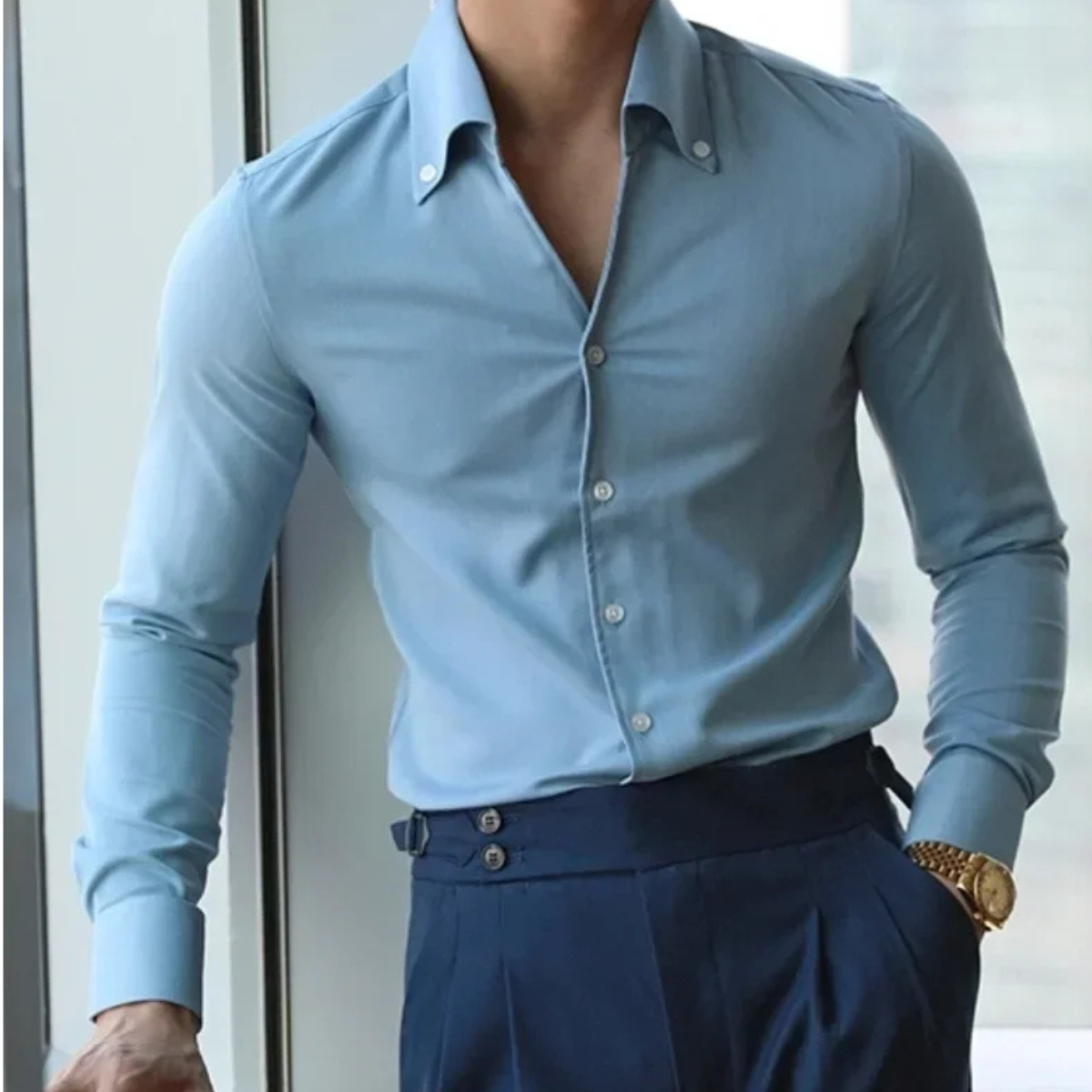 The Redfield Men’s Italian Collar Button Up Shirt  — Light Blue
