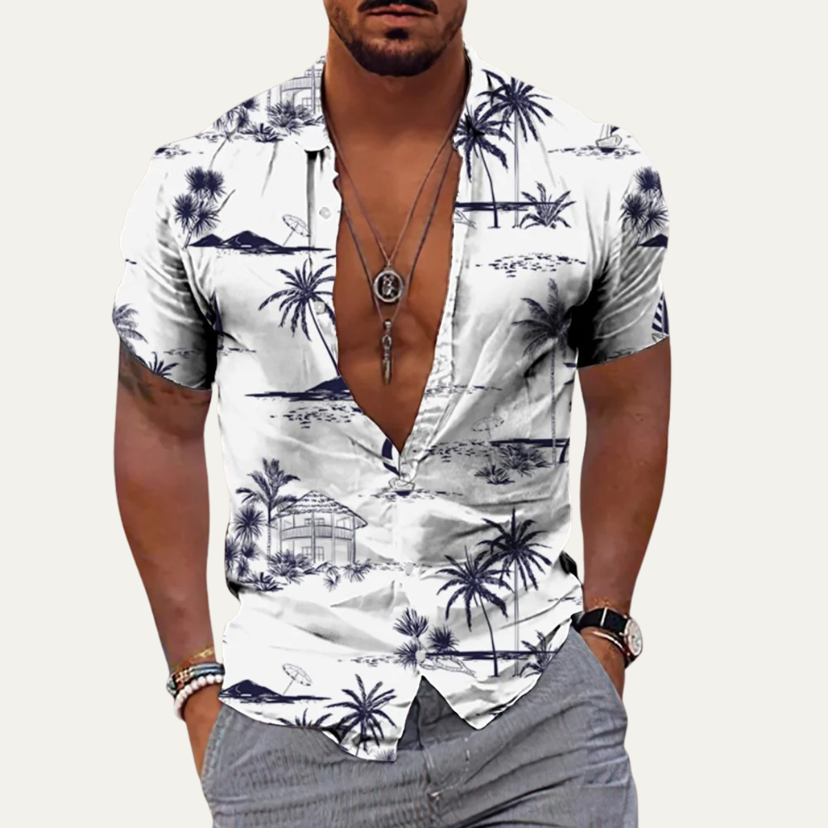 The Maple Gate Men’s Holiday Tropical Coconut Print Hawaiian Beach Shirt