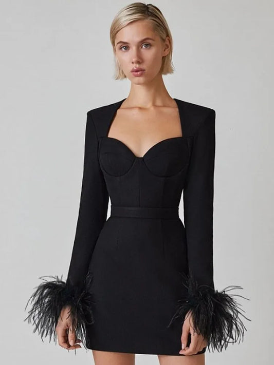 Women's Structured Mini Dress with Feather Trim