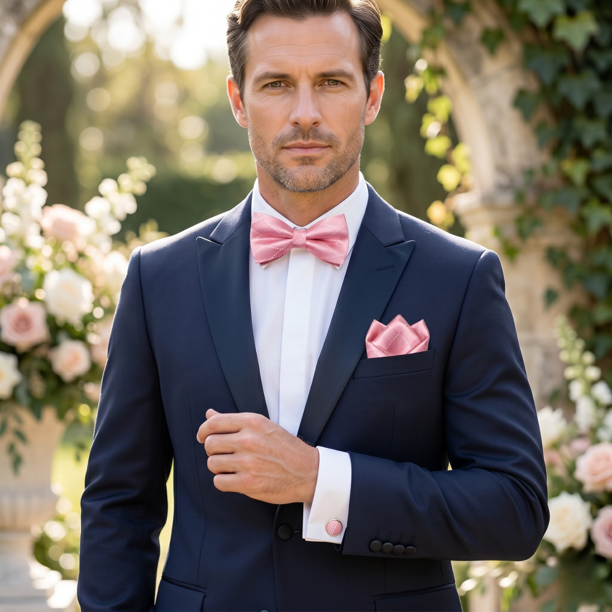 The Ashbury Men’s Bow Tie with Pocket Square & Cufflinks Set – Pink