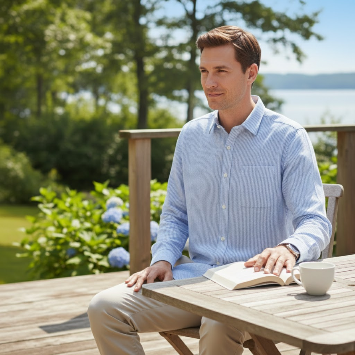 The Maplecrest Park Men’s Lightweight Blue Striped Linen Button Up Shirt