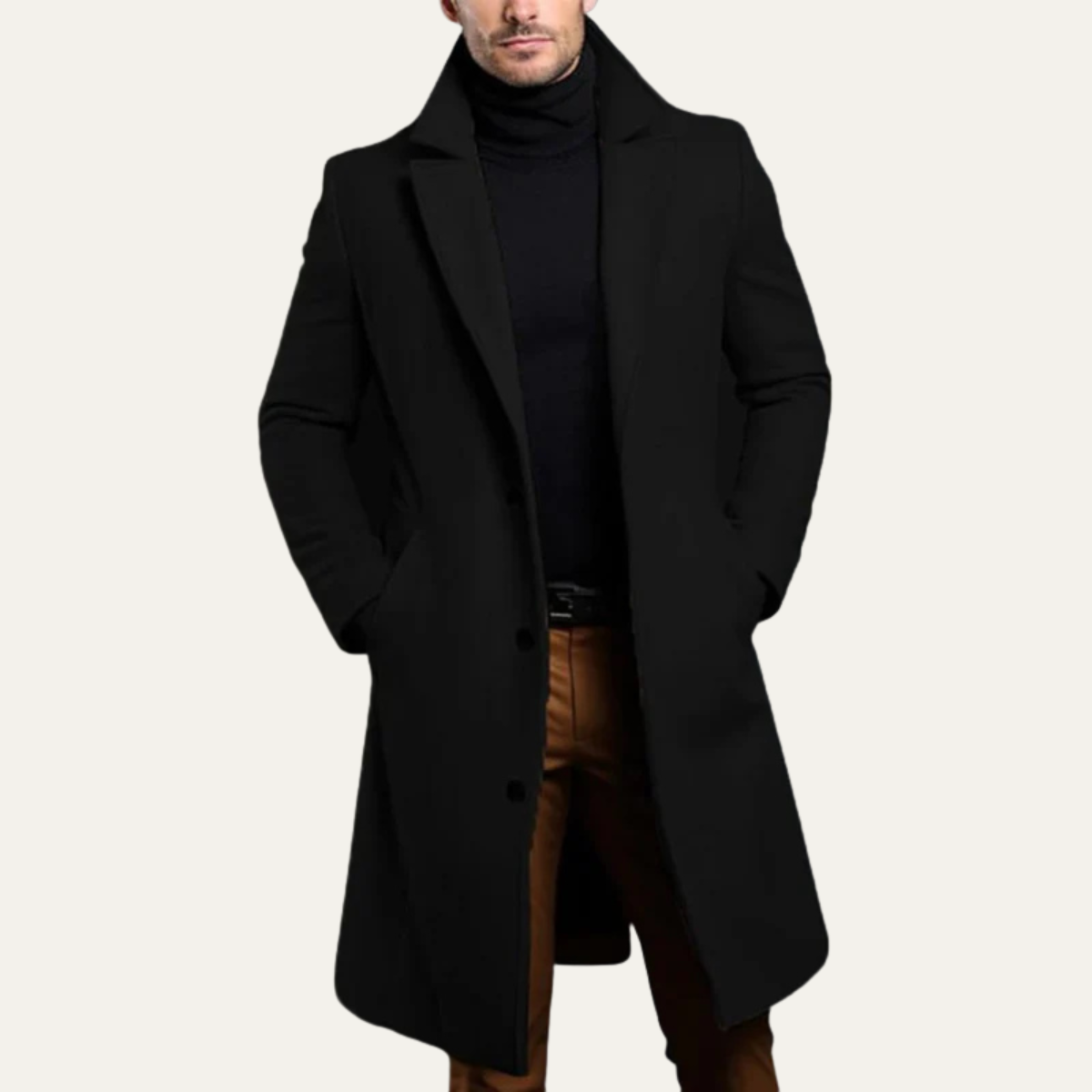 The Padstow Men's Elegant Minimal Black Single Breasted Wool Coat