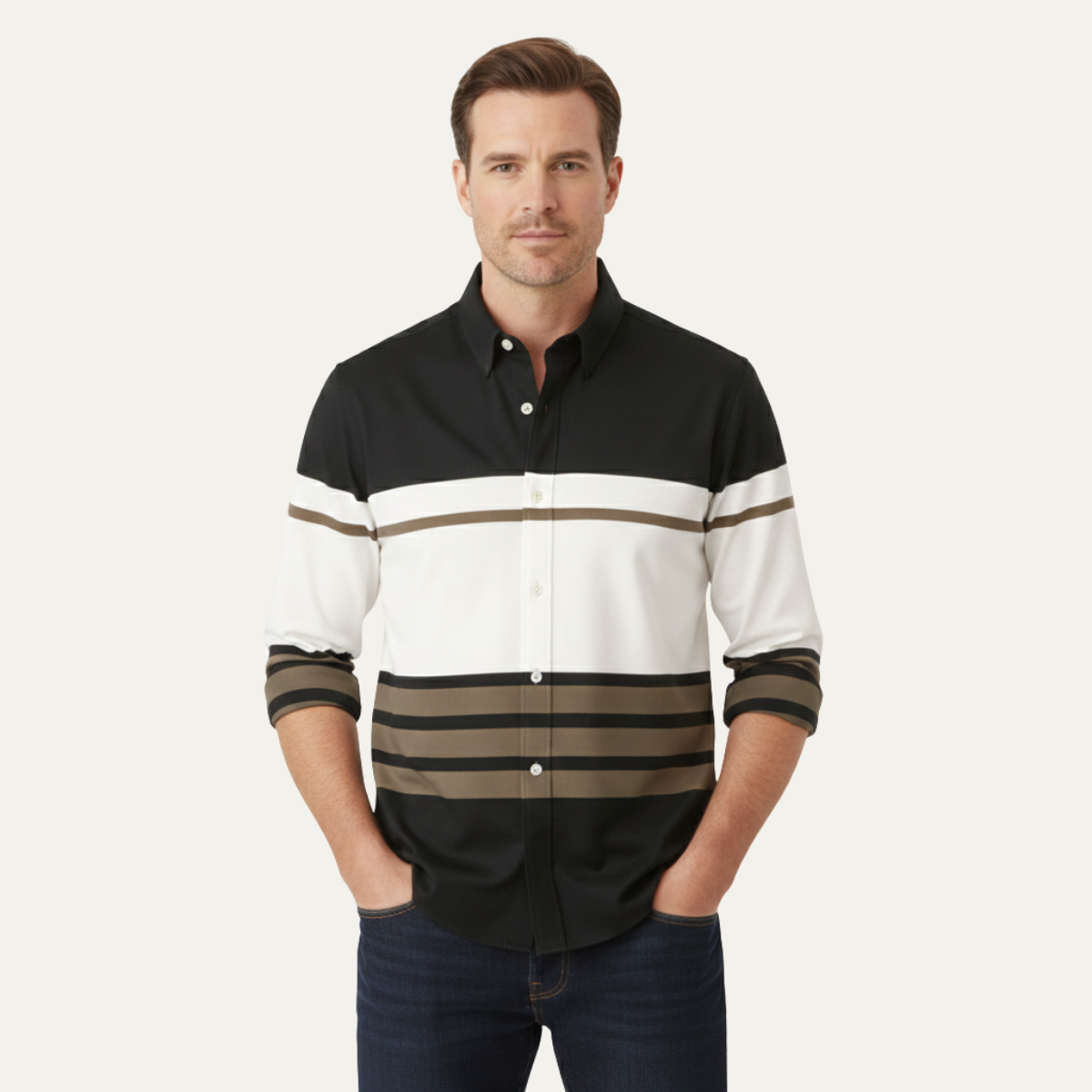 The Stonebrook Men’s Modern Color Block Striped Business Shirt