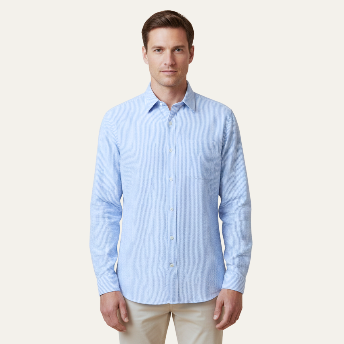 The Maplecrest Park Men’s Lightweight Blue Striped Linen Button Up Shirt