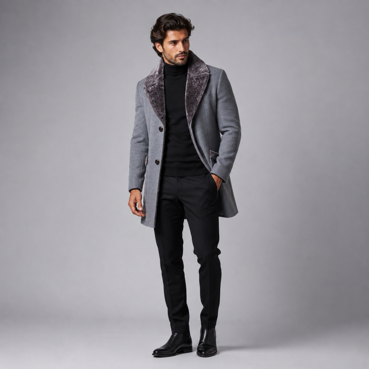 The Pinebrook Men’s Winter Slim Fit Long Jacket with Fur Lapel