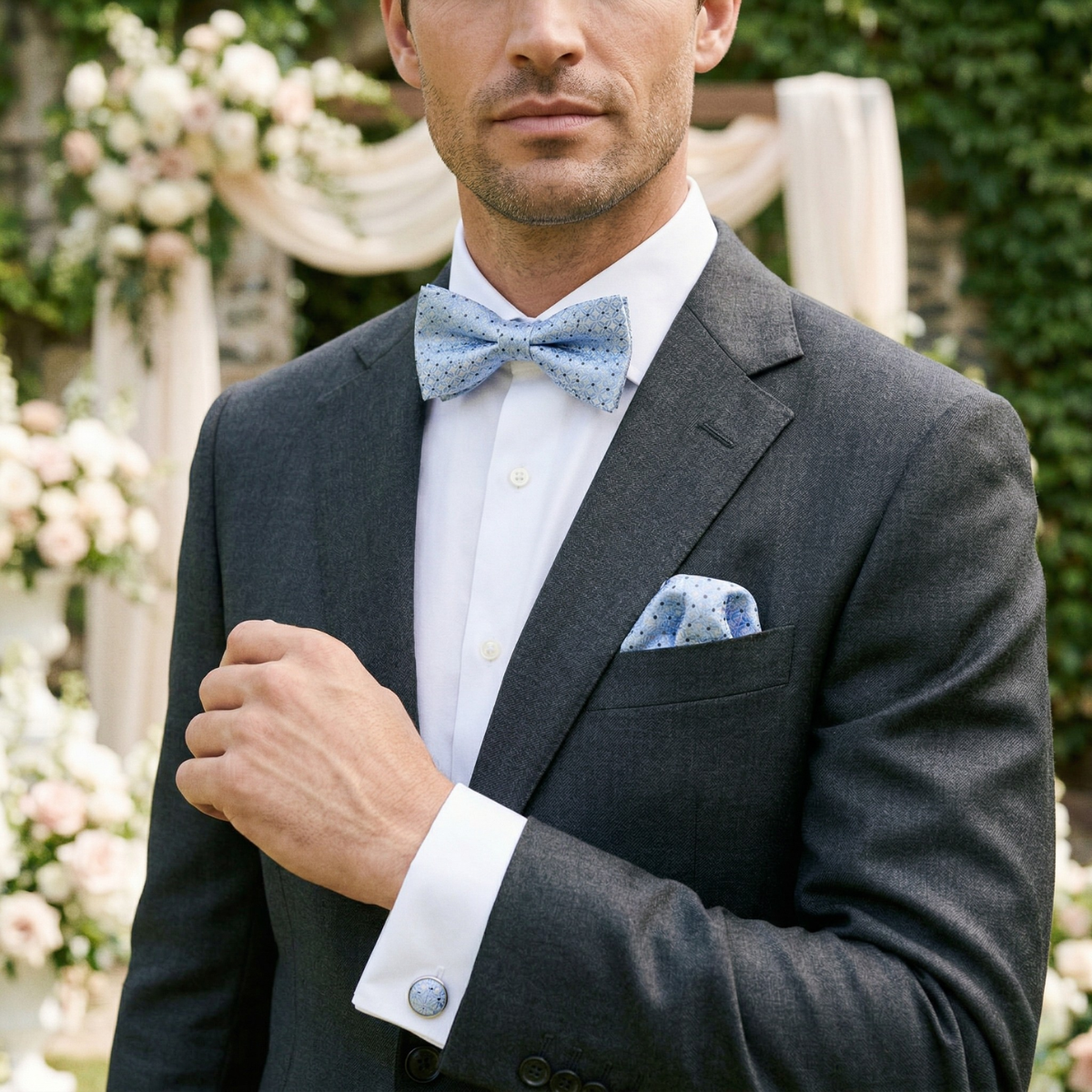 The Ashbury Men’s Bow Tie with Pocket Square & Cufflinks Set – Light Blue