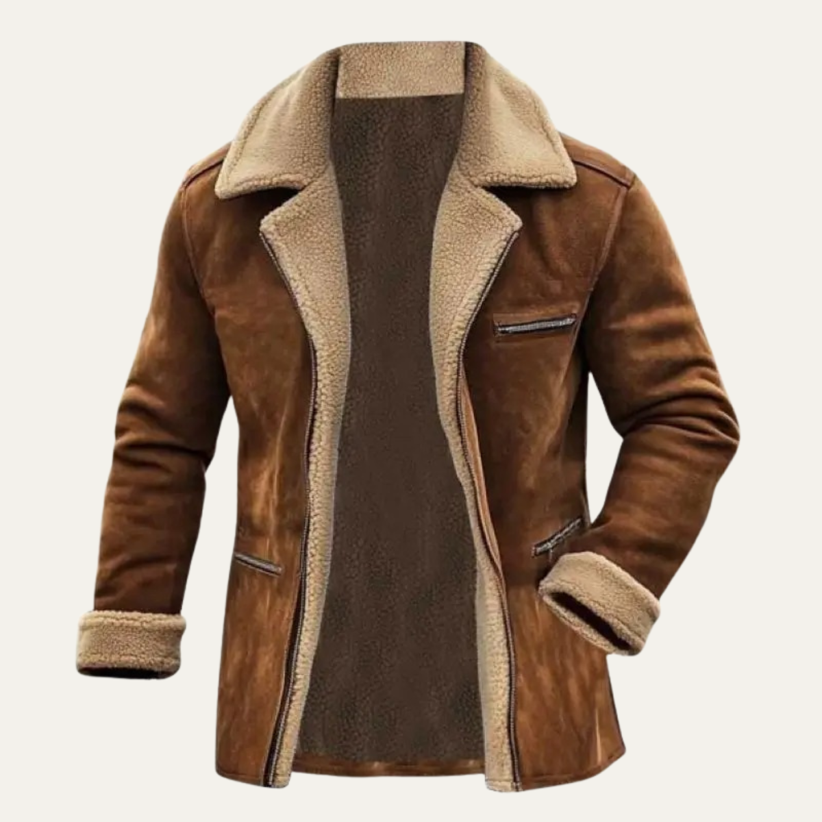 The Minori Men’s Vintage Suede Shearling Jacket with Zipper Pockets